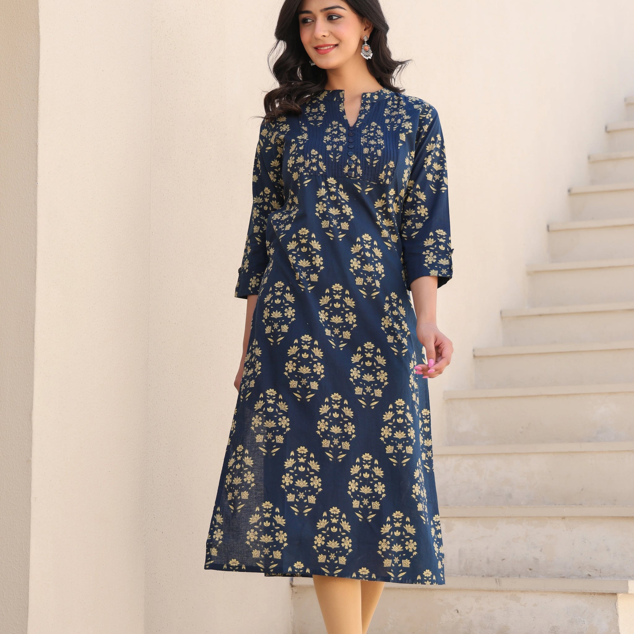 Blue Printed Straight Kurti With Printex Work