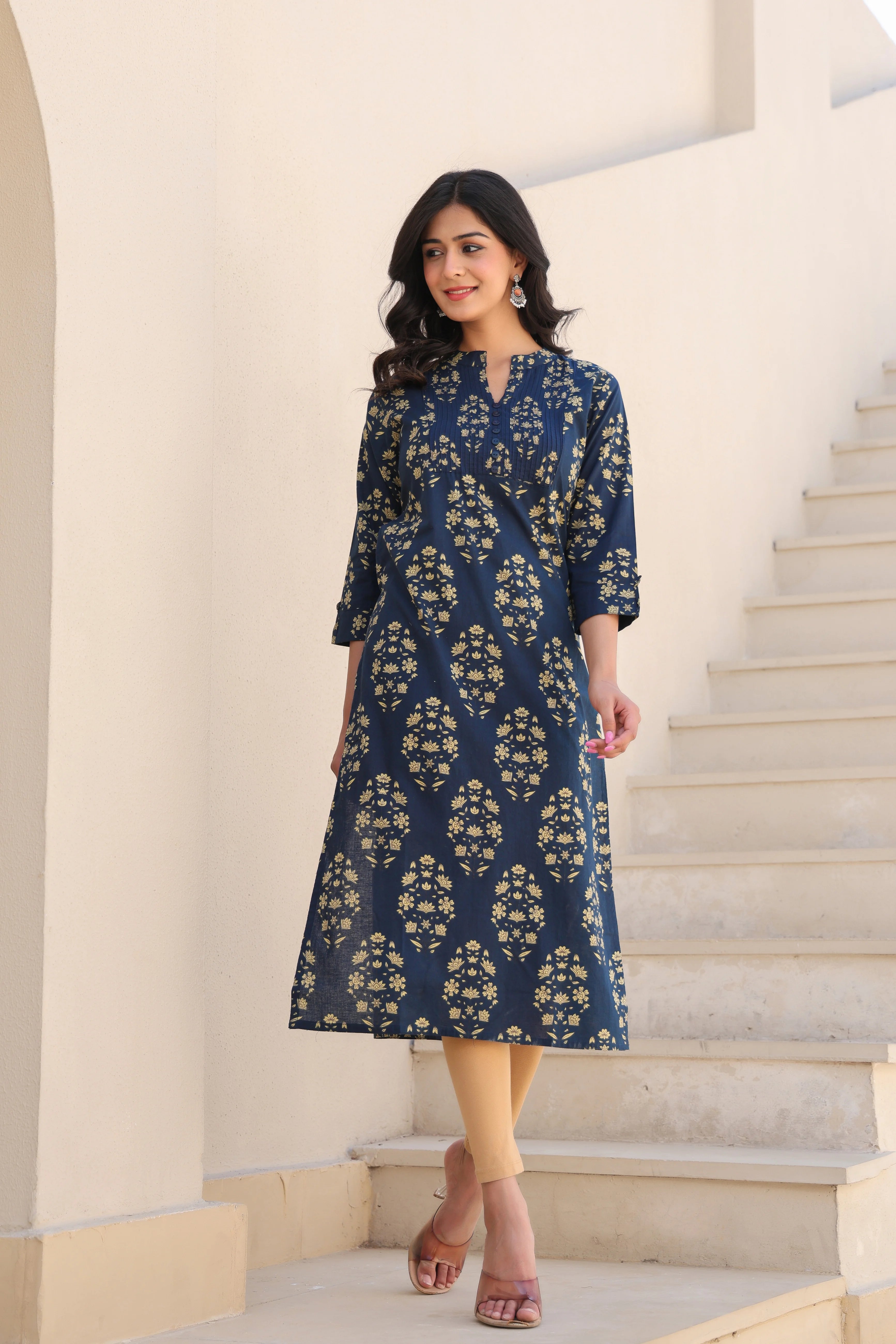 Blue Printed Straight Kurti With Printex Work