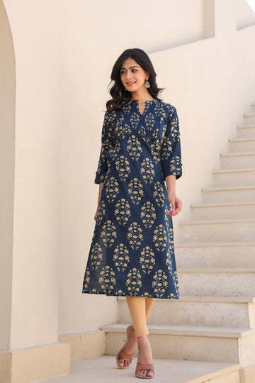 Blue Printed Straight Kurti With Printex Work