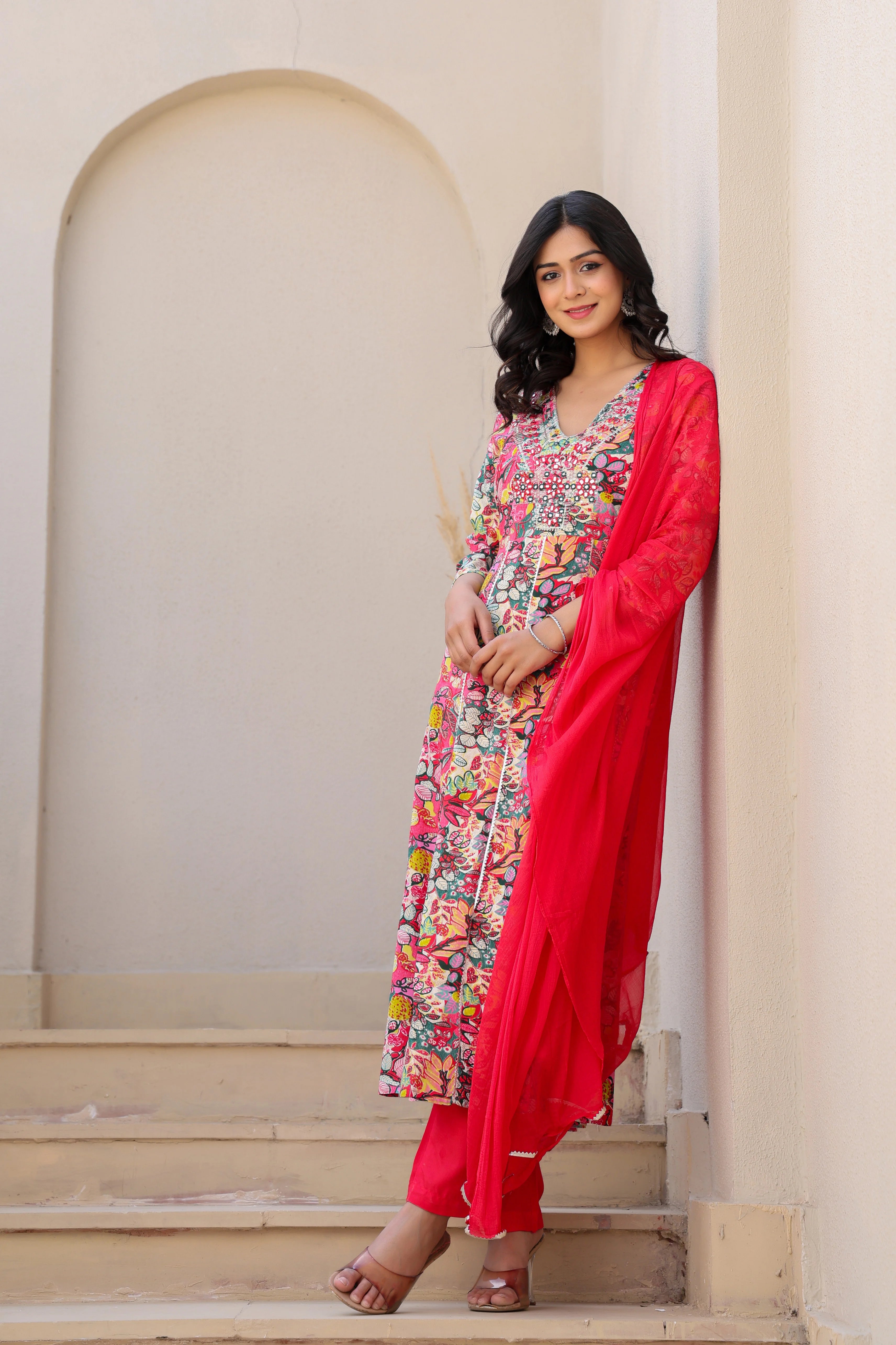 Multicolour Heavy Embroided Kurta Set with Dupatta