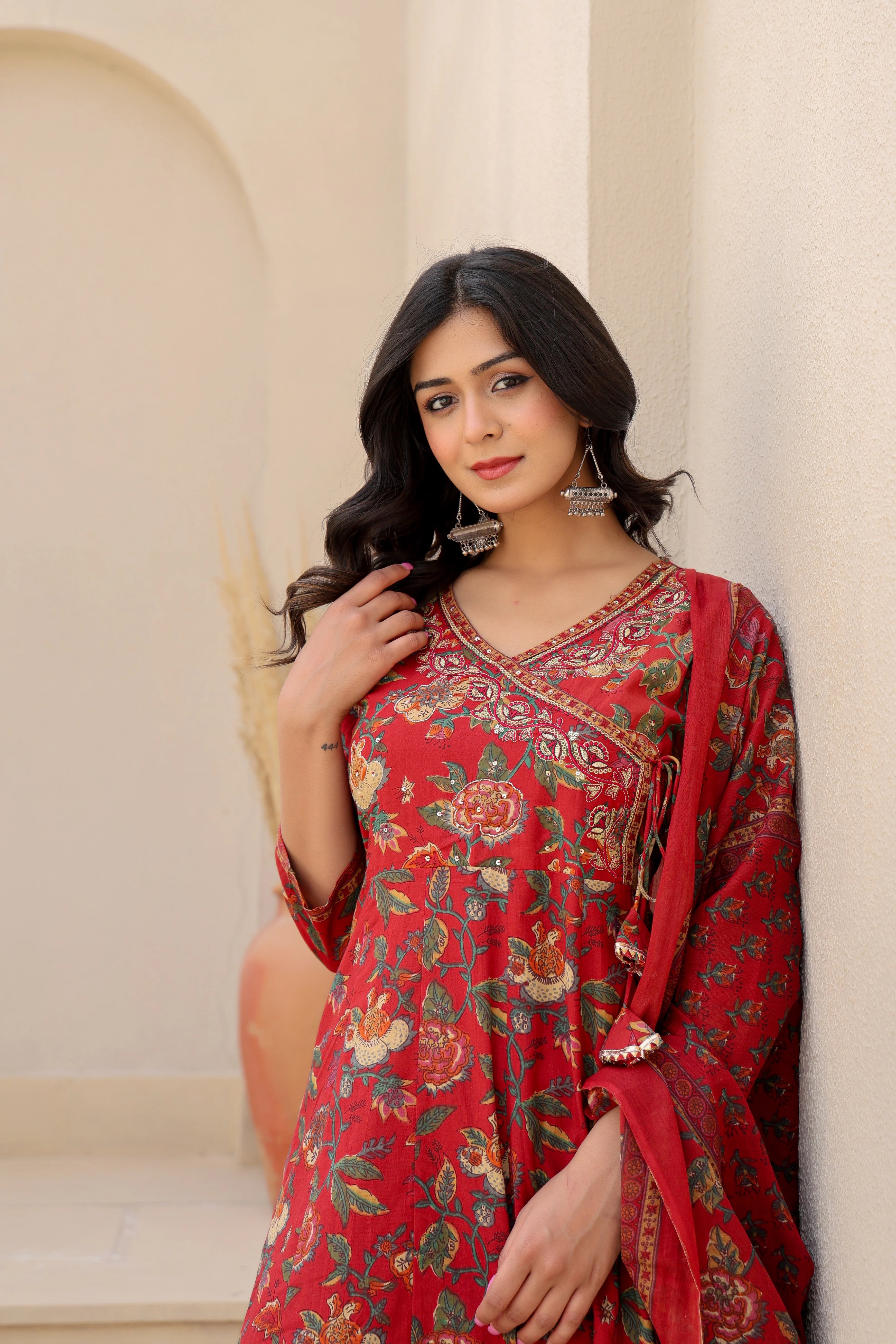 Gulnaar Rust Anarkali Set with Dupatta