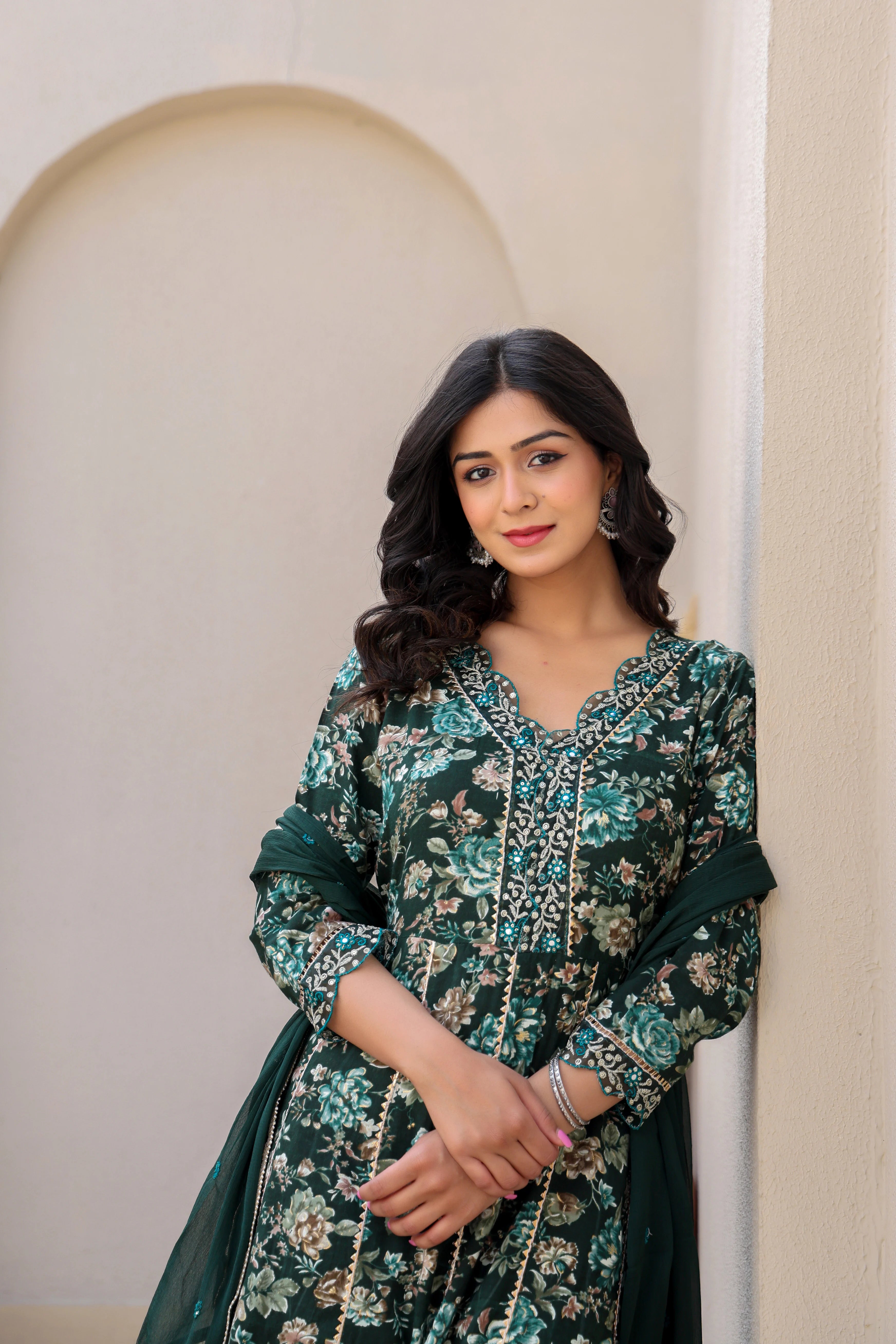 Dark Green Heavy Embroidery Floral Kurta Set with Dupatta