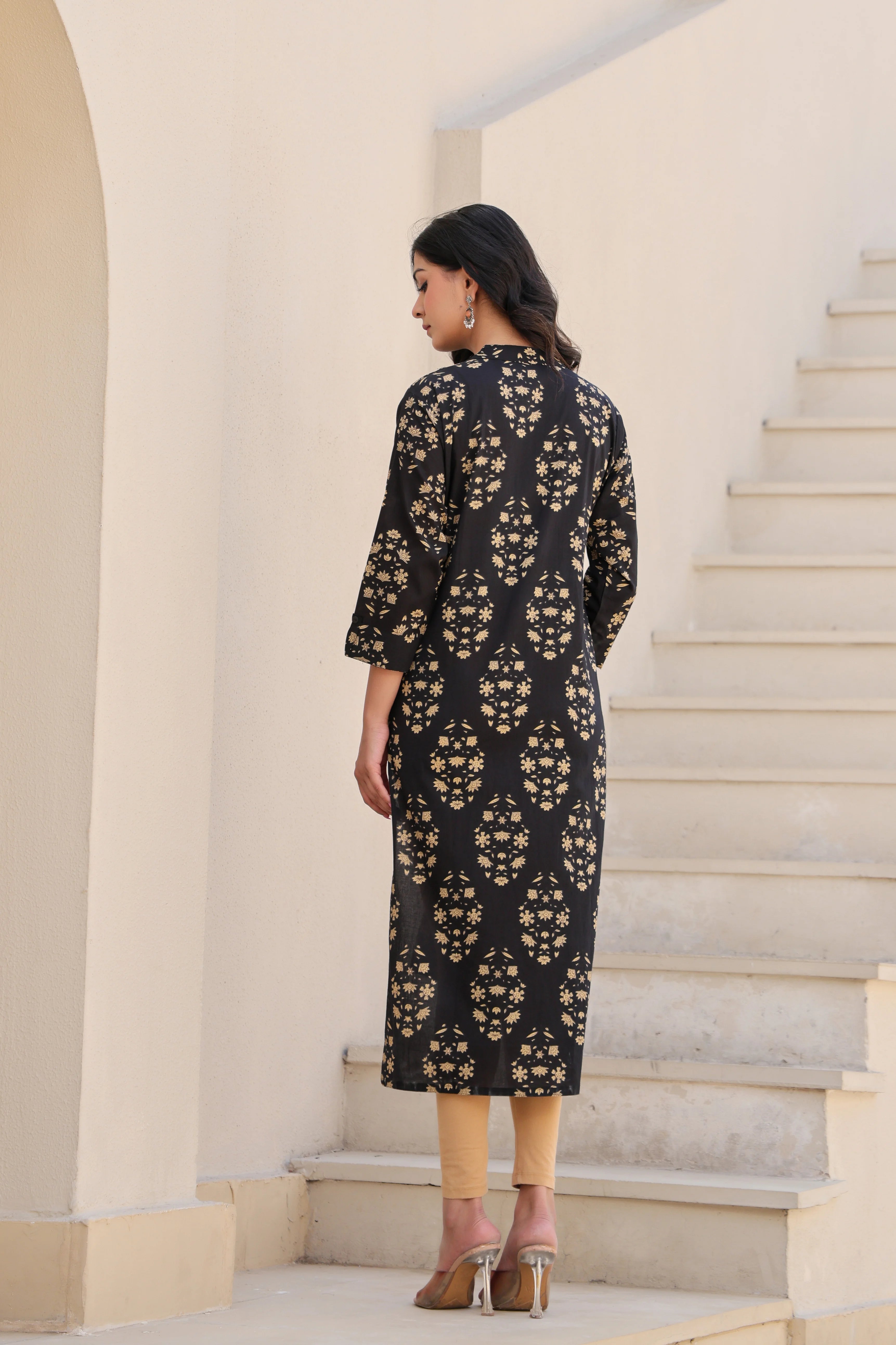 Black Printed Straight Kurti With Printex Work