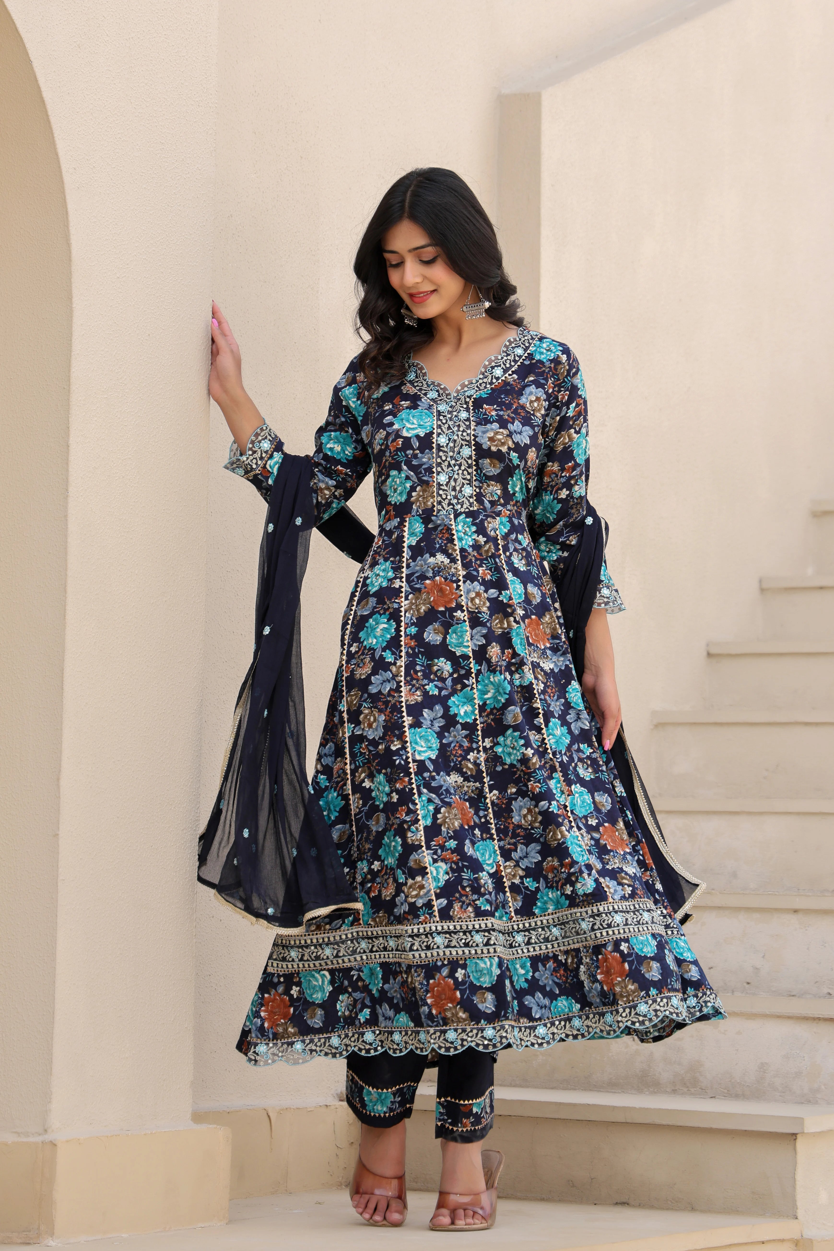 Midnight Bloom– Heavy Embroidered Anarkali Suit Set