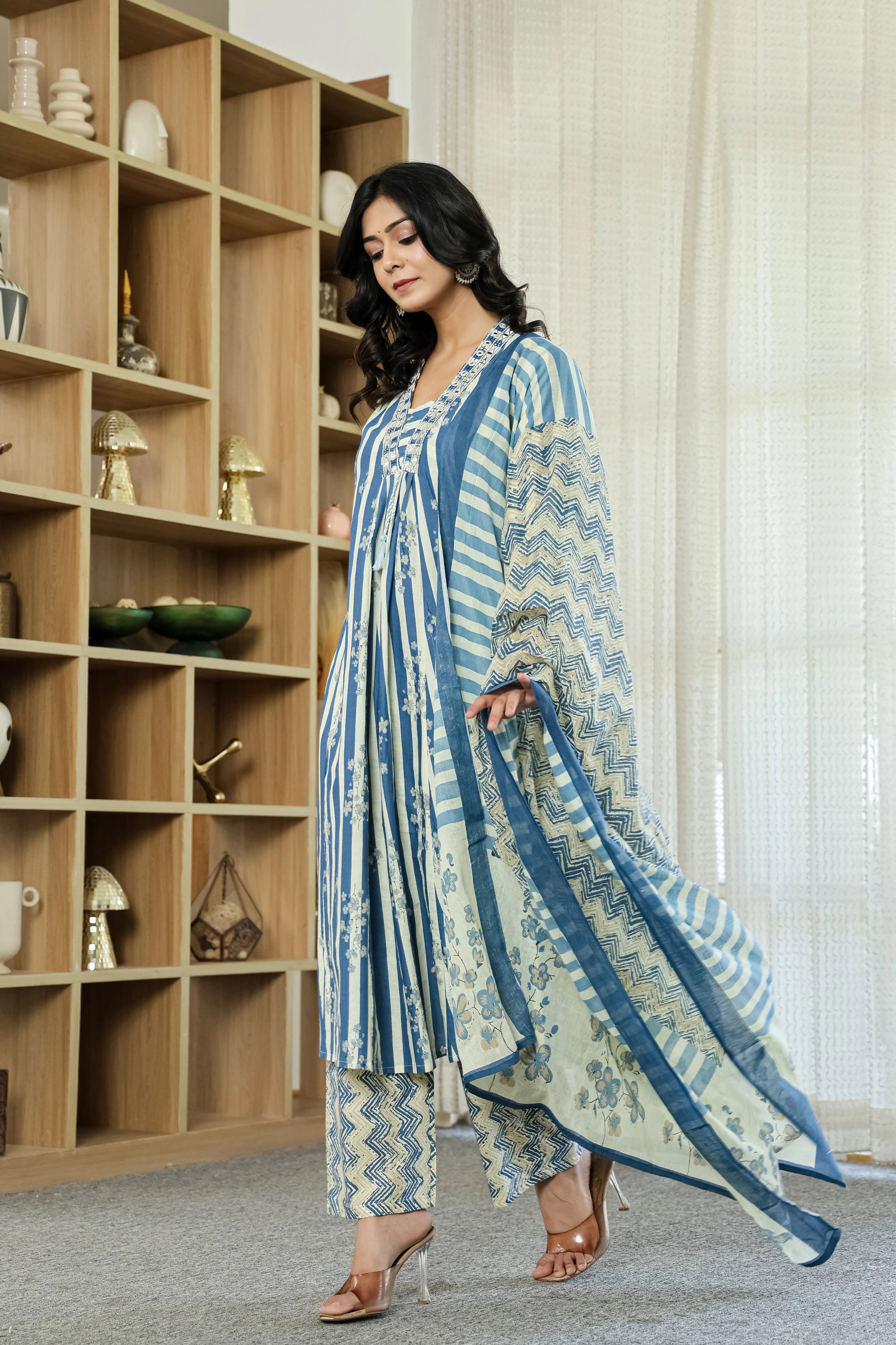 Blue Straight Cotton Kurta Pant Dupatta Set