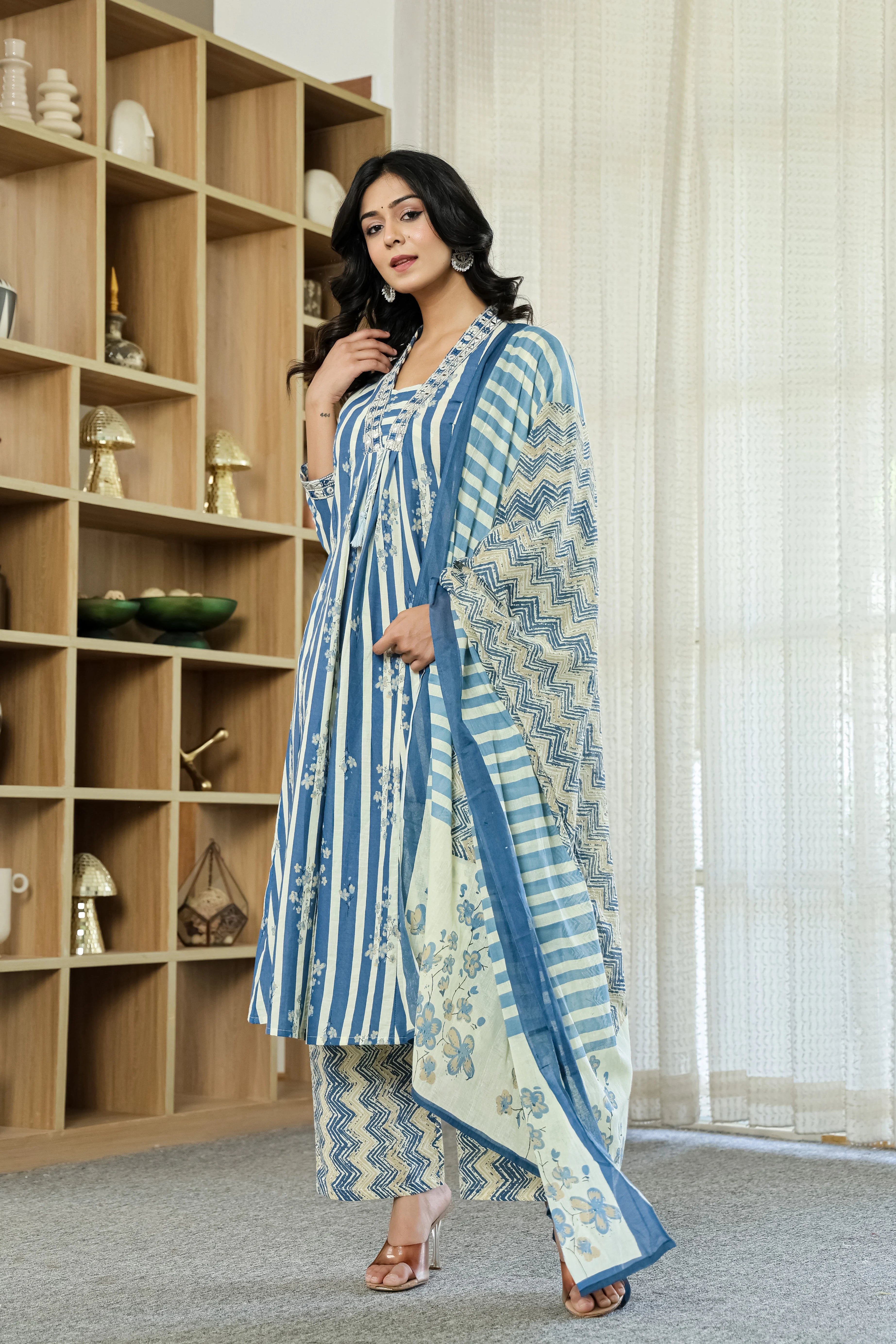 Blue Straight Cotton Kurta Pant Dupatta Set
