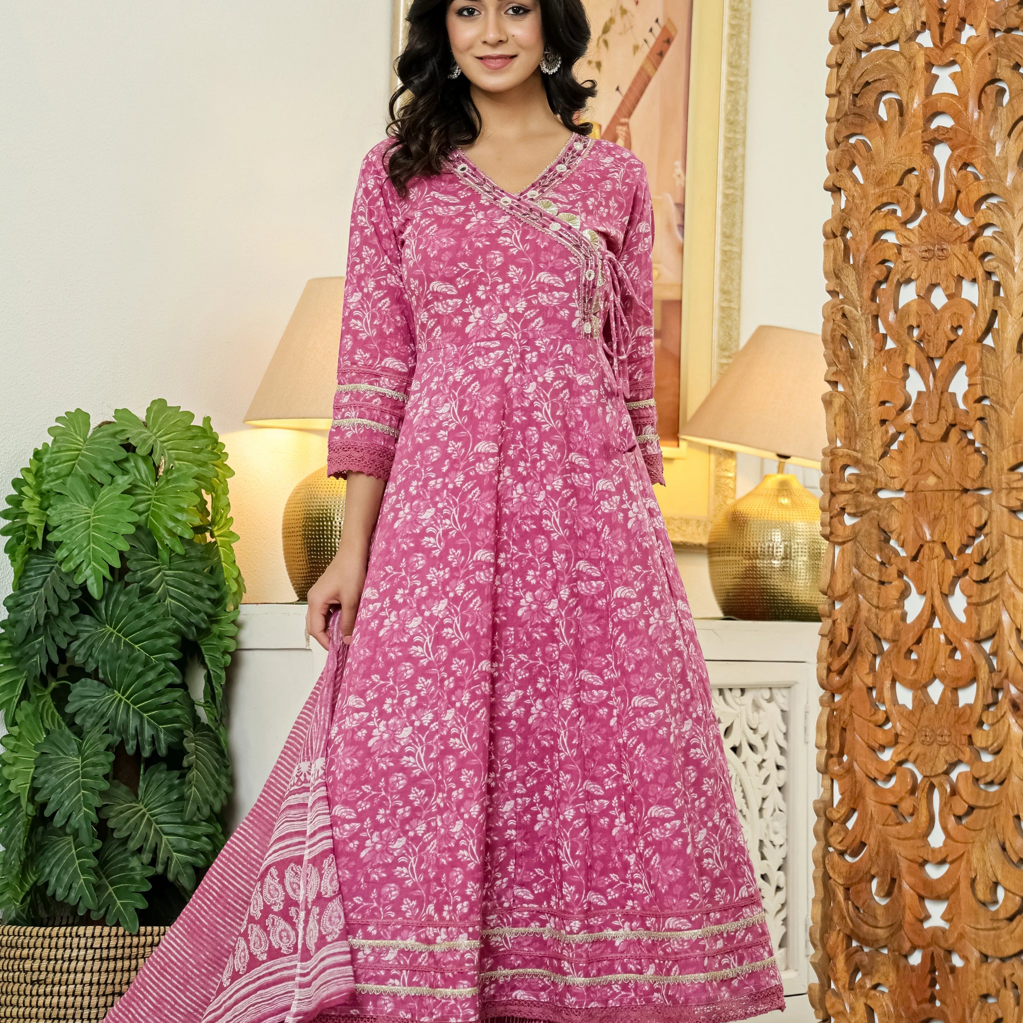 Pink Printed Cotton Anarkali Kurta Pant Dupatta Set