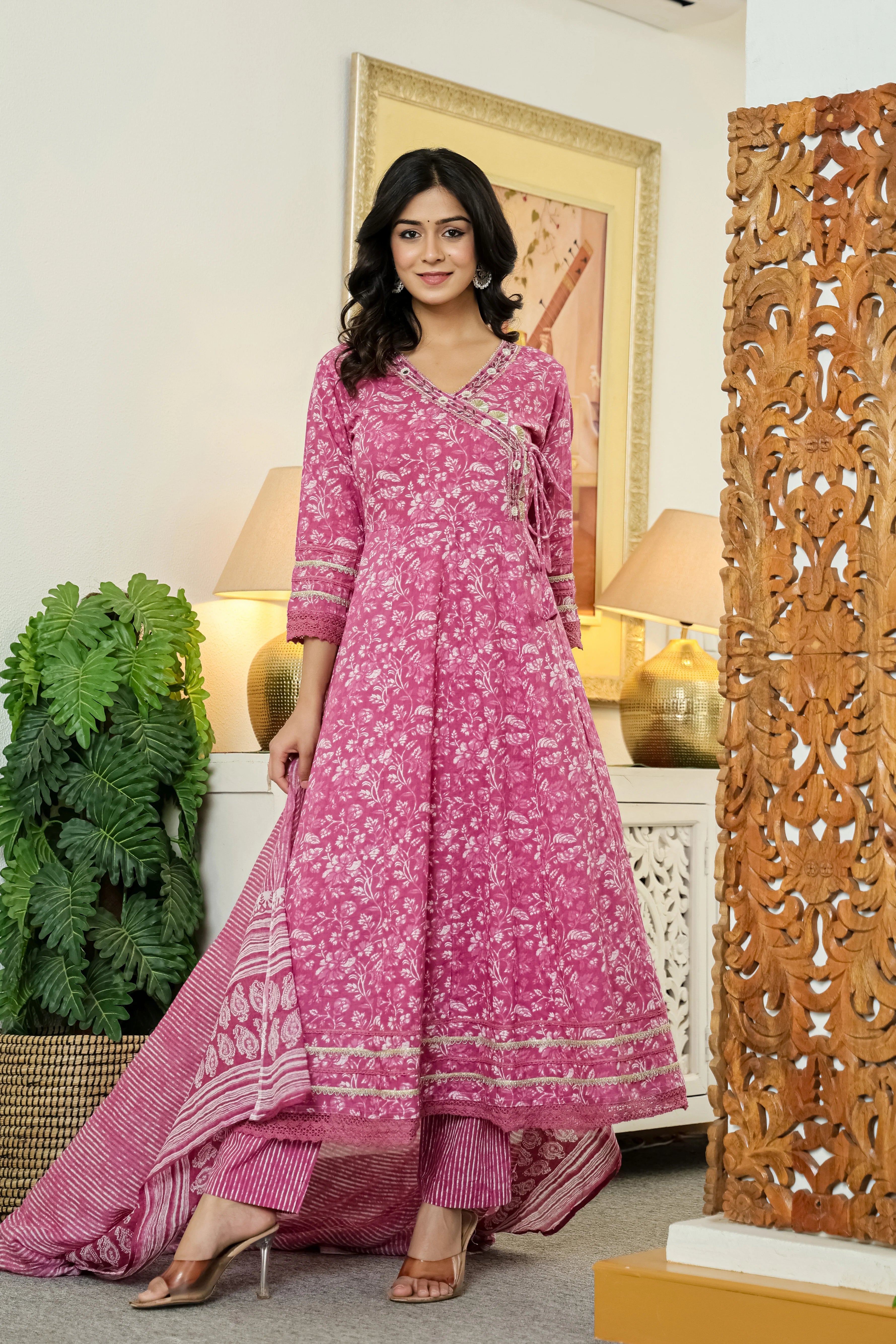 Pink Printed Cotton Anarkali Kurta Pant Dupatta Set