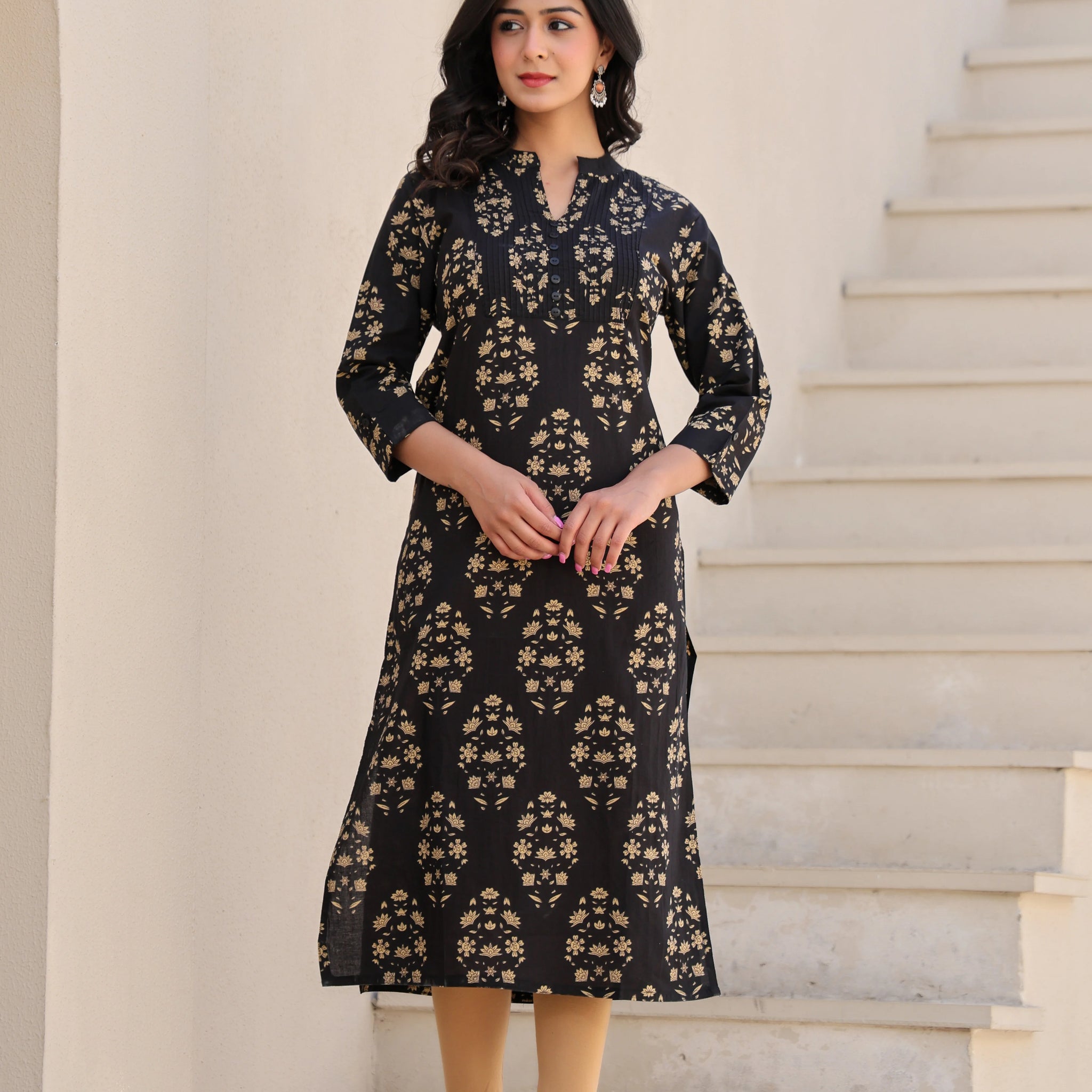 Black Printed Straight Kurti With Printex Work