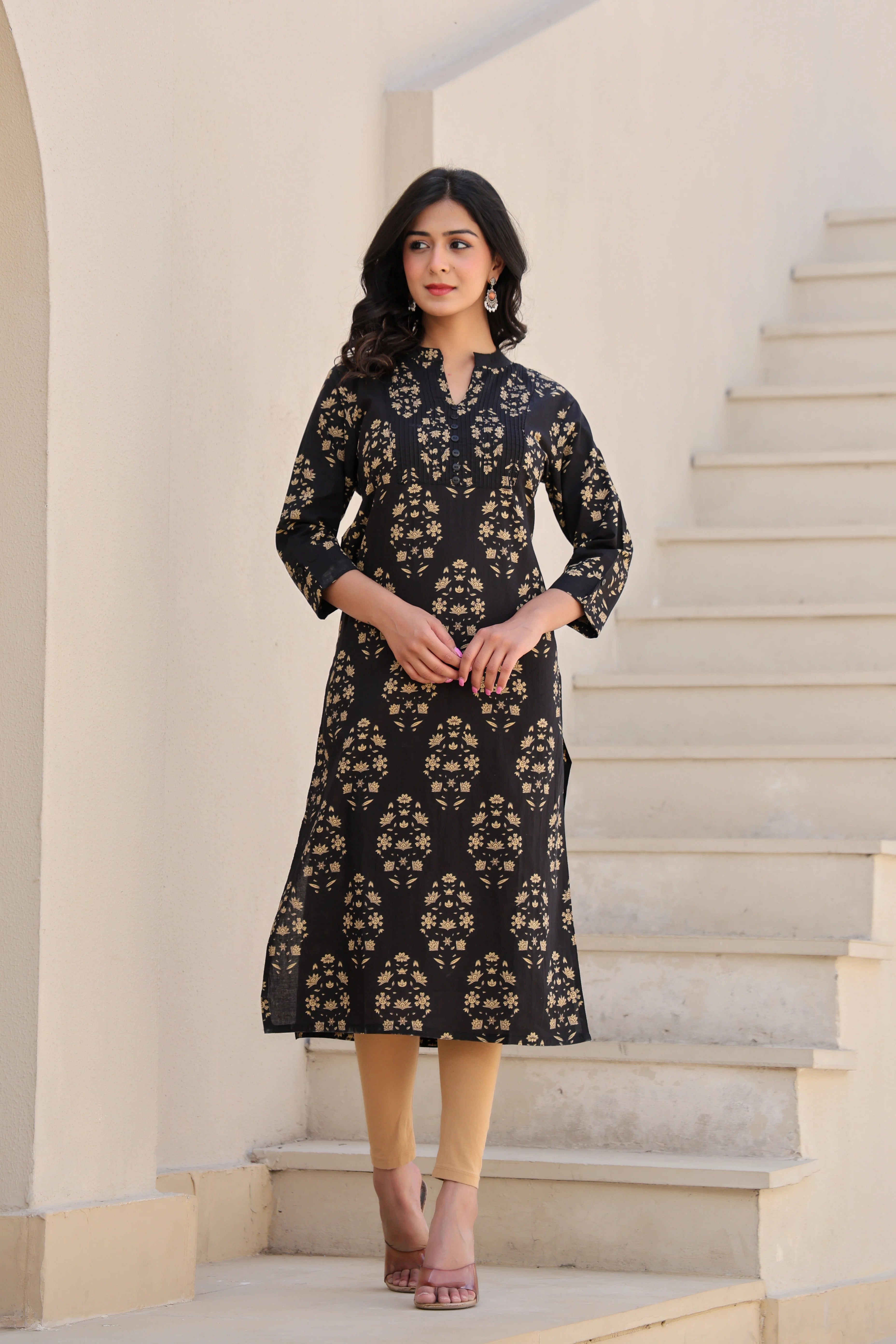 Black Printed Straight Kurti With Printex Work