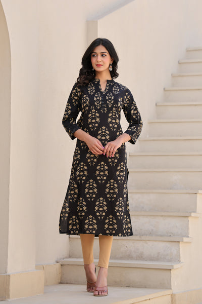 Black Printed Straight Kurti With Printex Work
