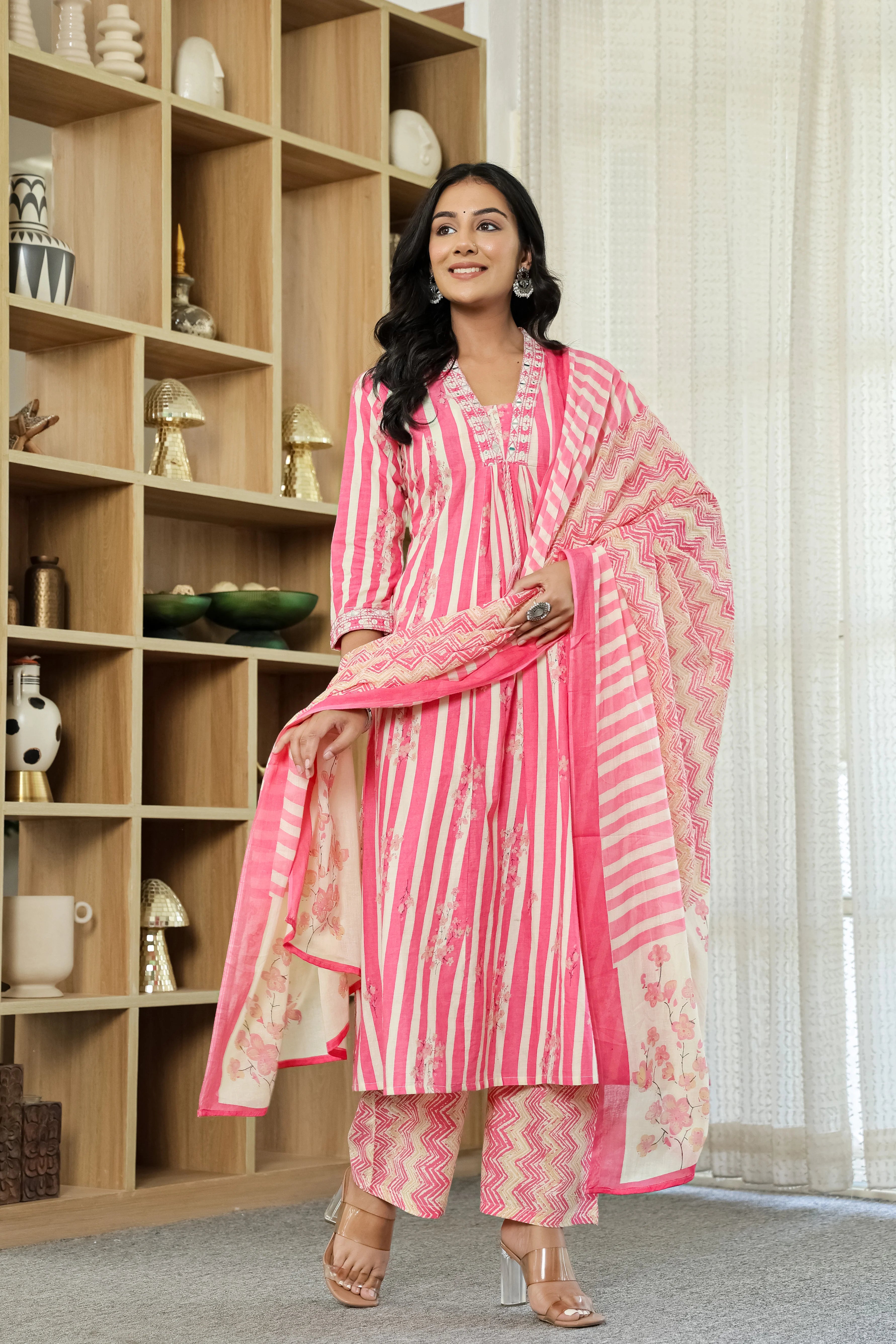 Pink Straight Cotton Kurta Pant Dupatta Set