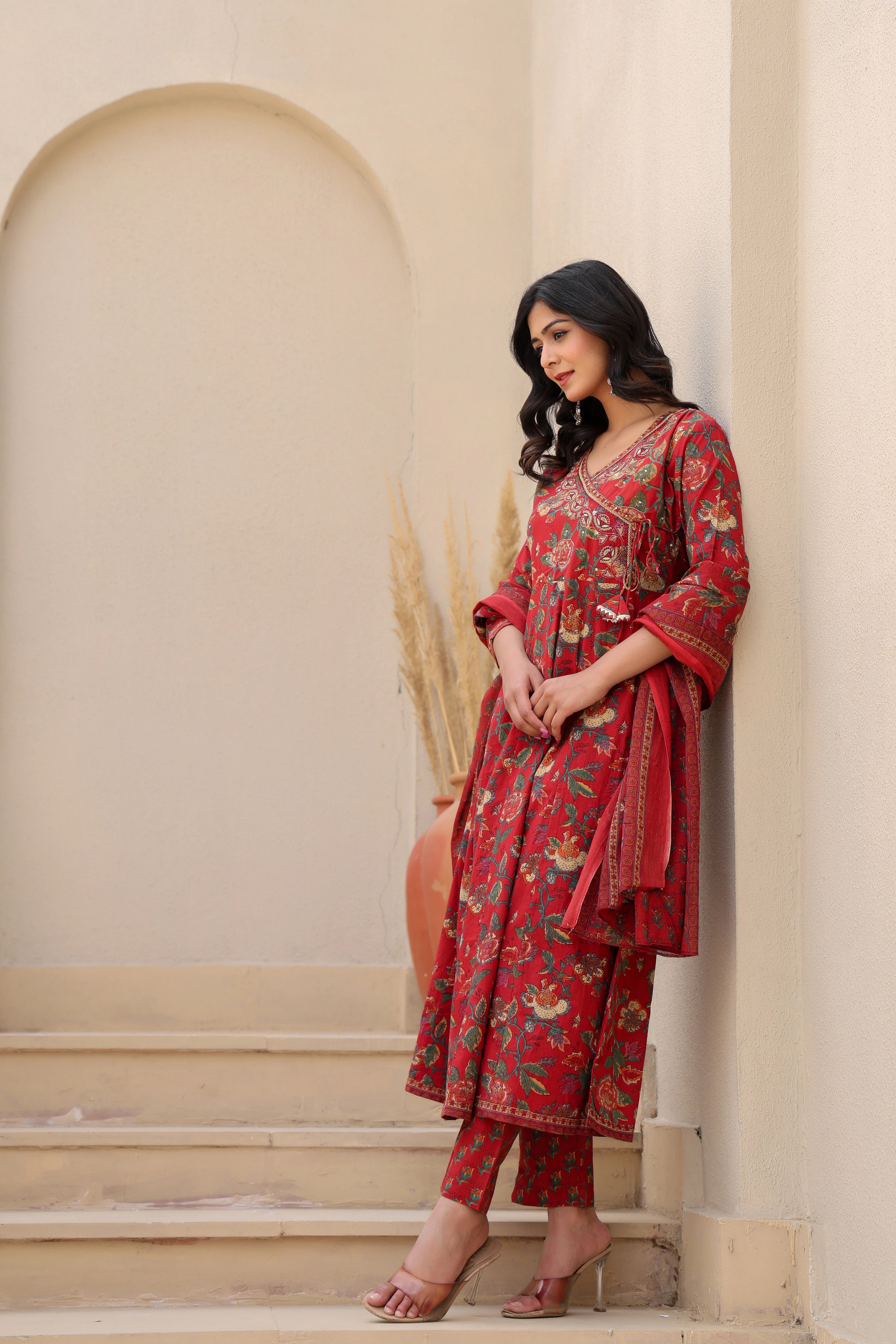 Gulnaar Rust Anarkali Set with Dupatta