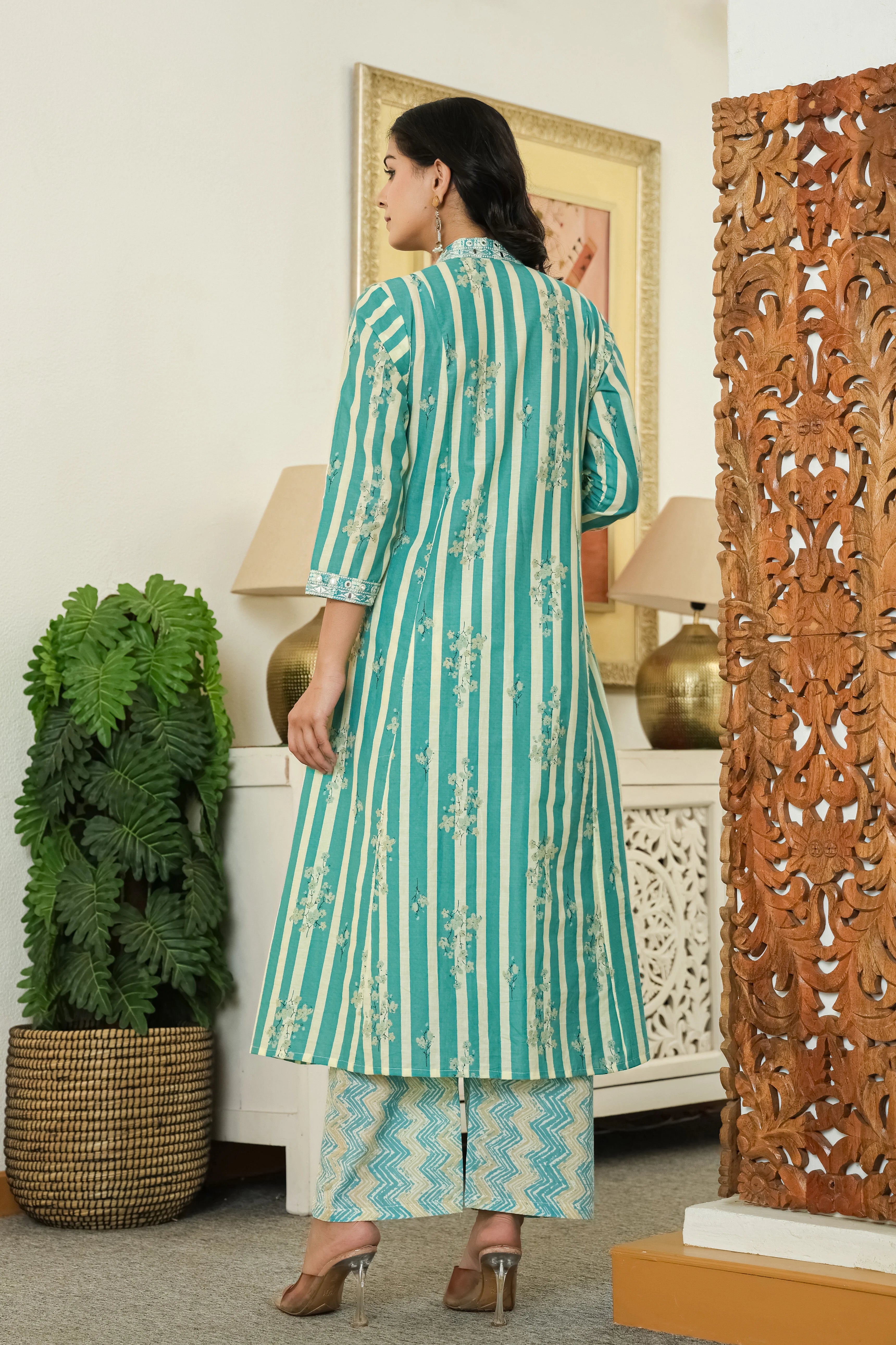 Sea Green Printed Cotton A-Line Kurta Pant Dupatta Set
