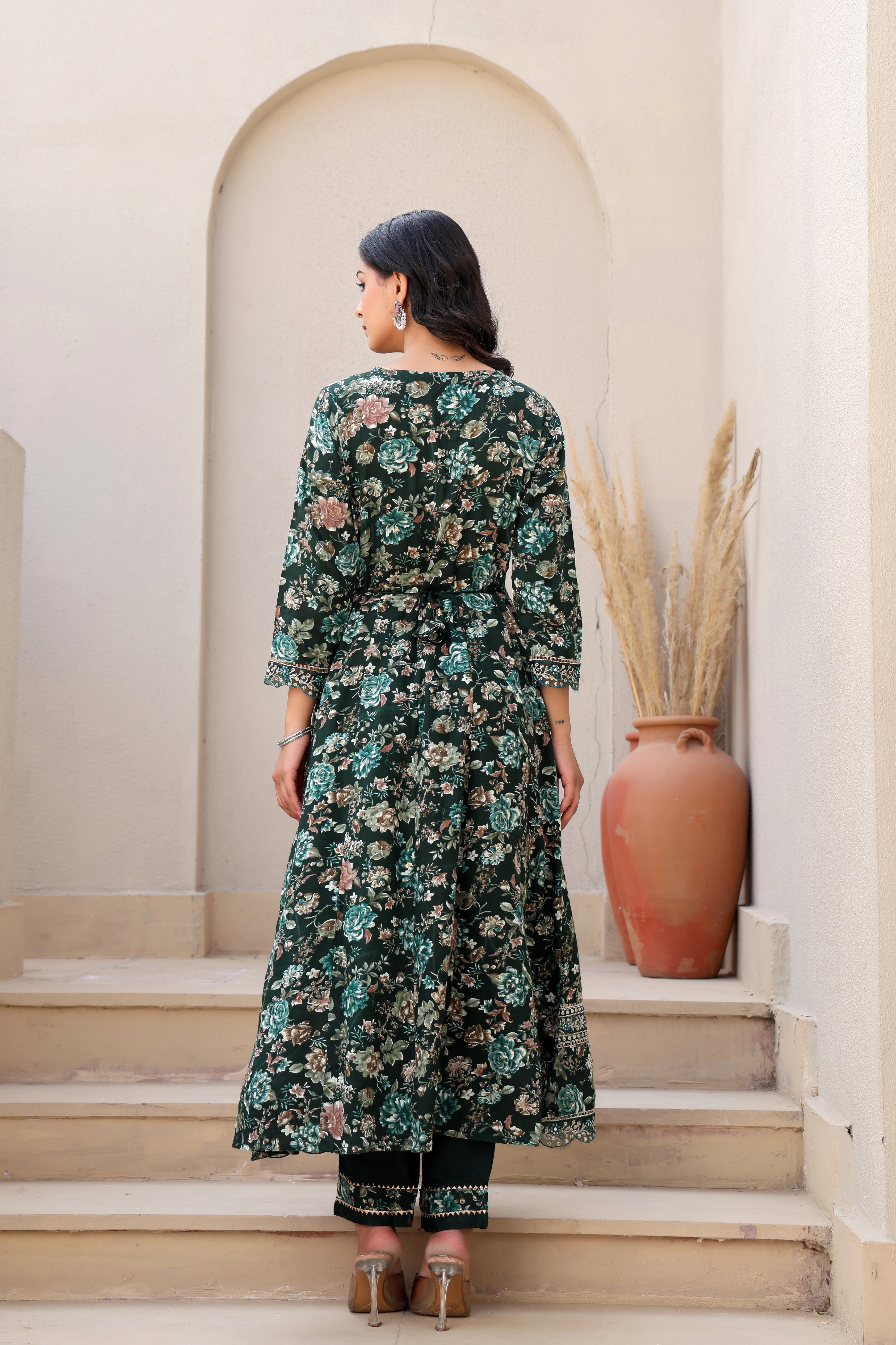Dark Green Heavy Embroidery Floral Kurta Set with Dupatta