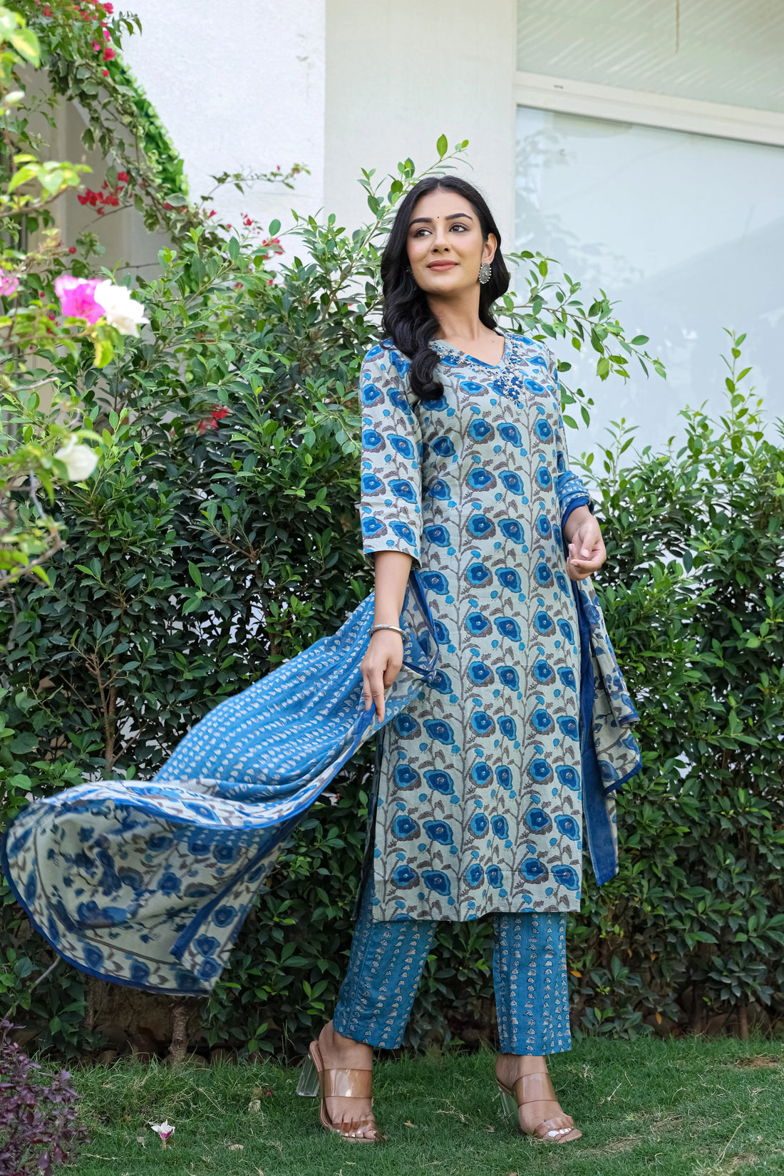 Blue Cotton 3-Piece Set with Hand Work
