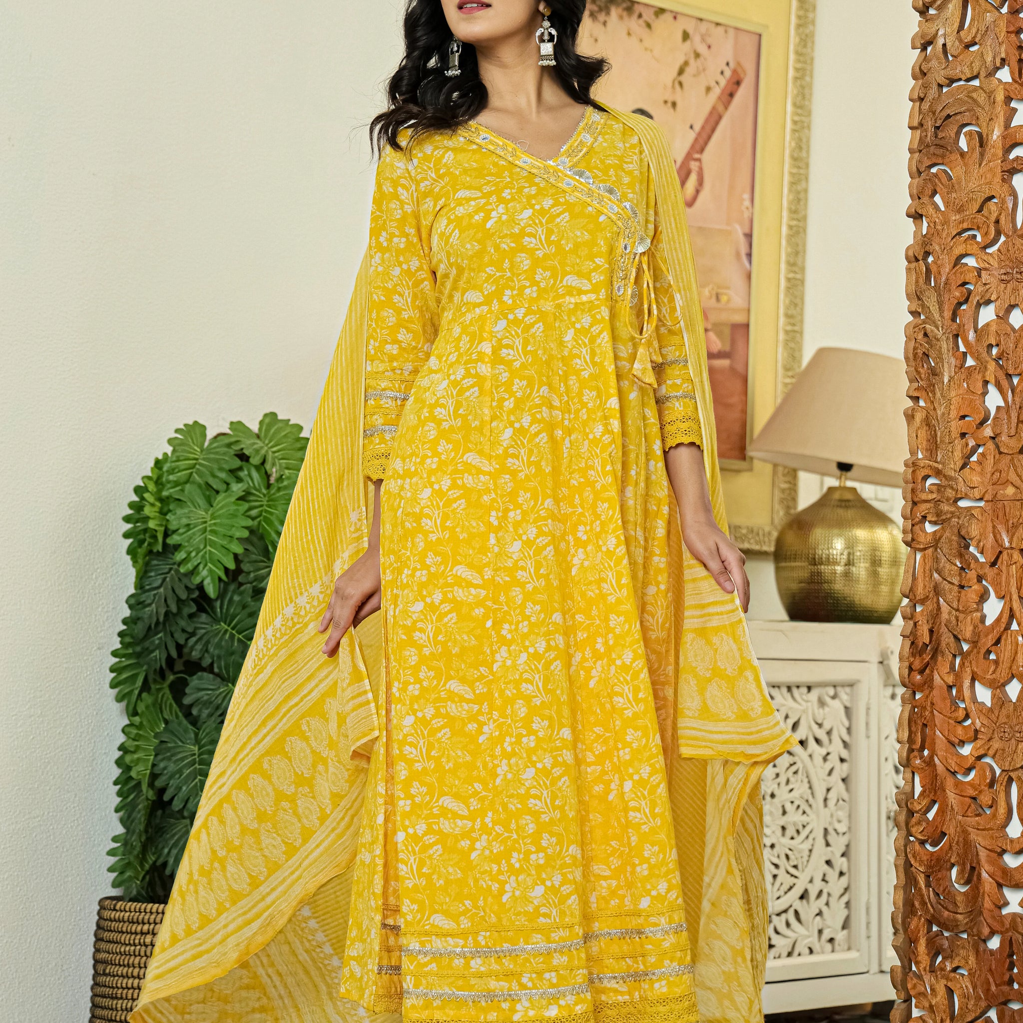 Beautiful Yellow Printed Cotton Anarkali Set