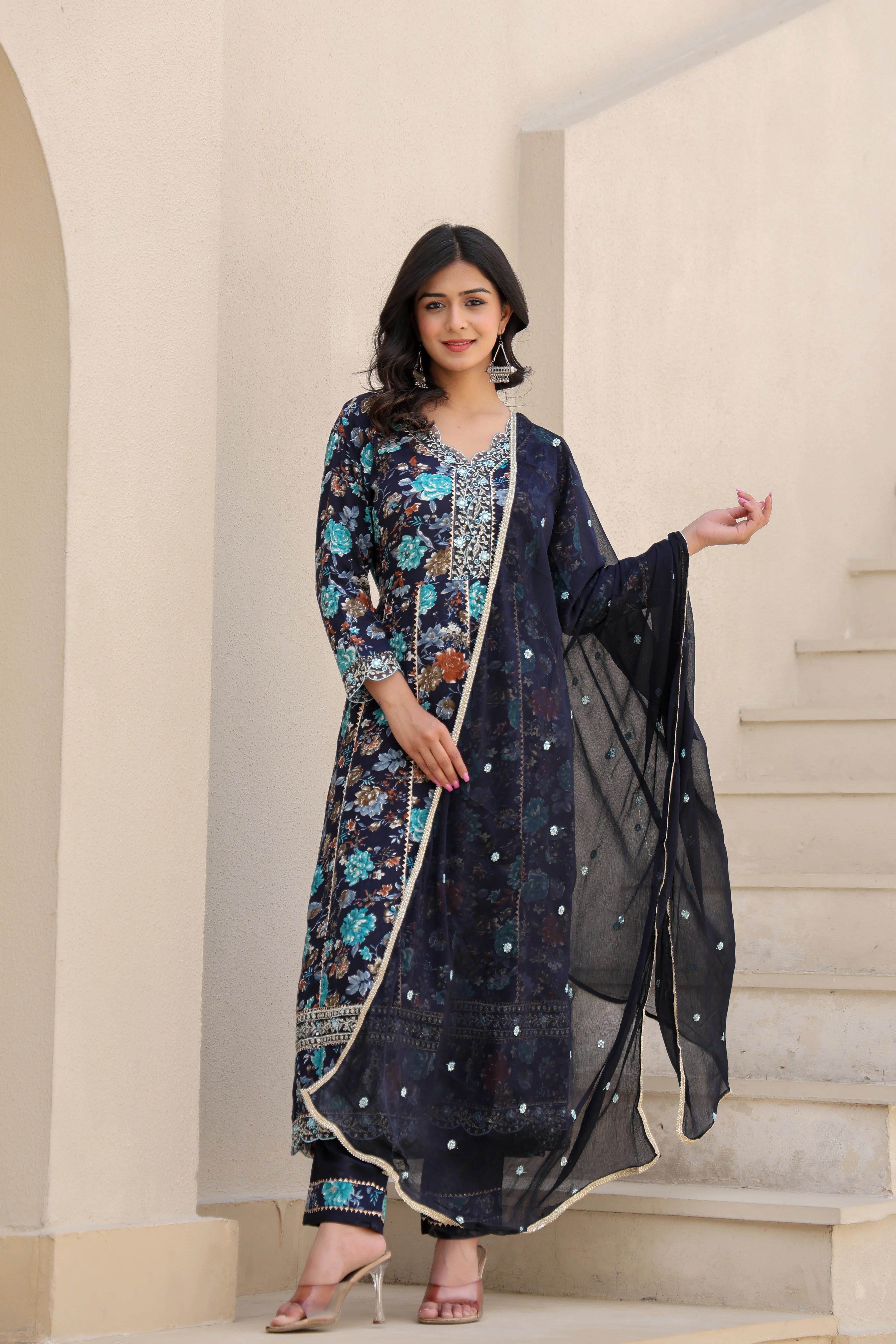 Midnight Bloom– Heavy Embroidered Anarkali Suit Set