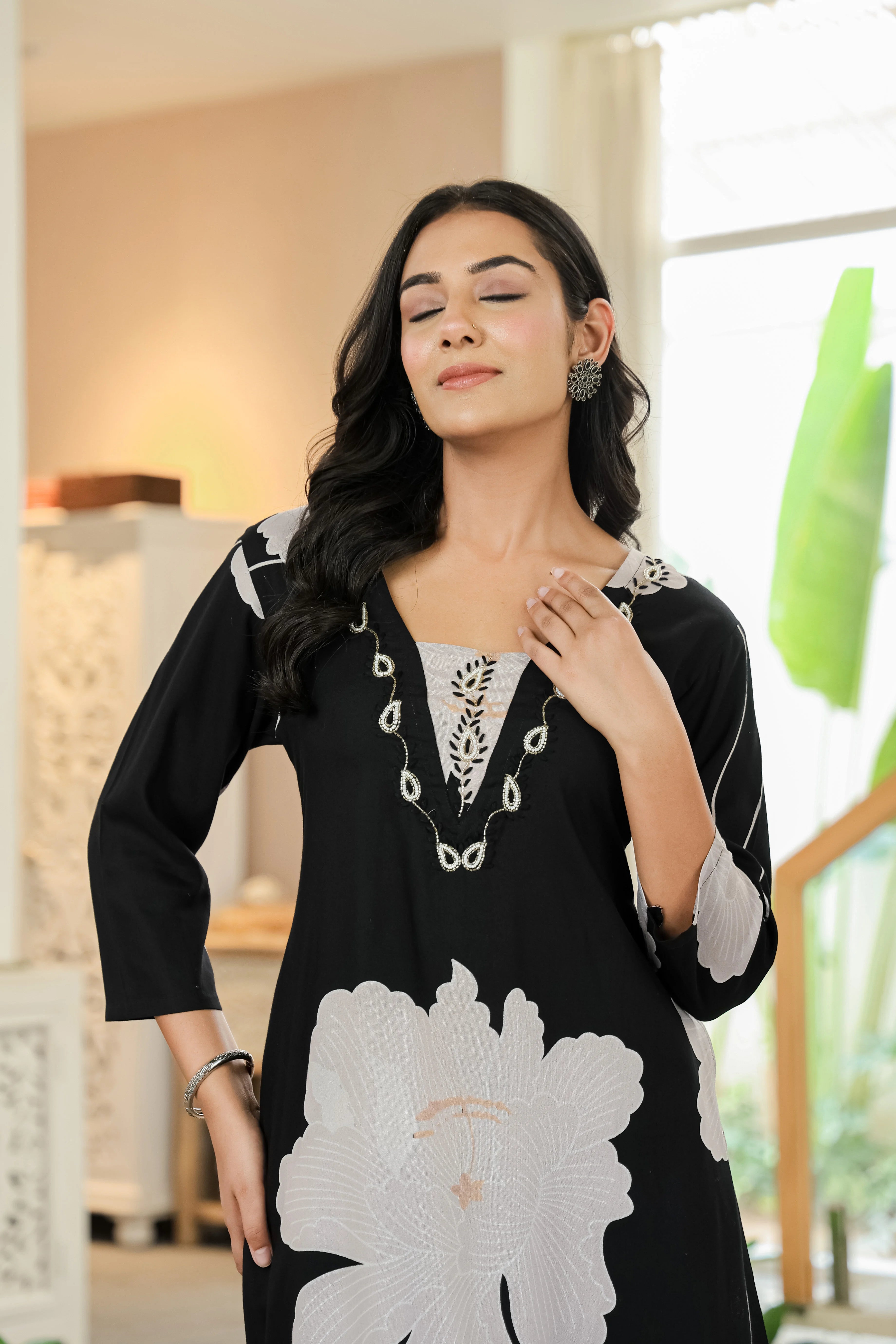 Black & White Floral Kurta Set