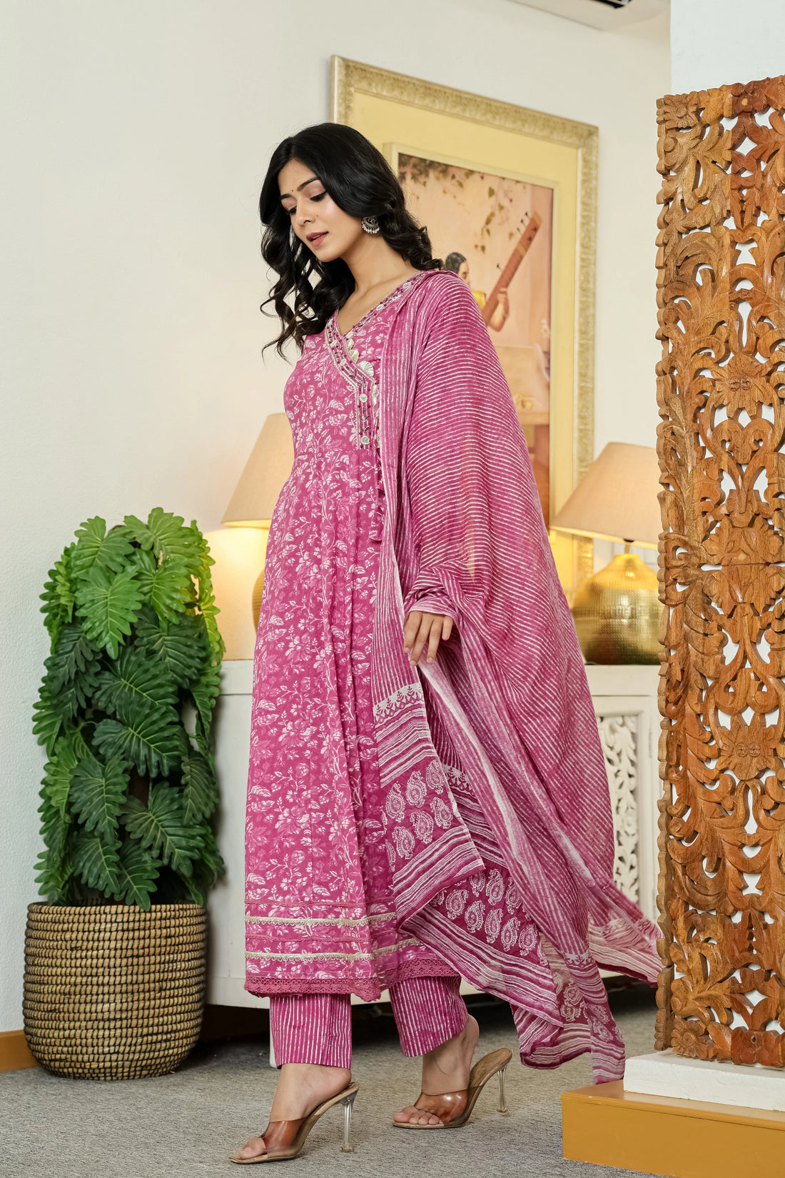 Pink Printed Cotton Anarkali Kurta Pant Dupatta Set