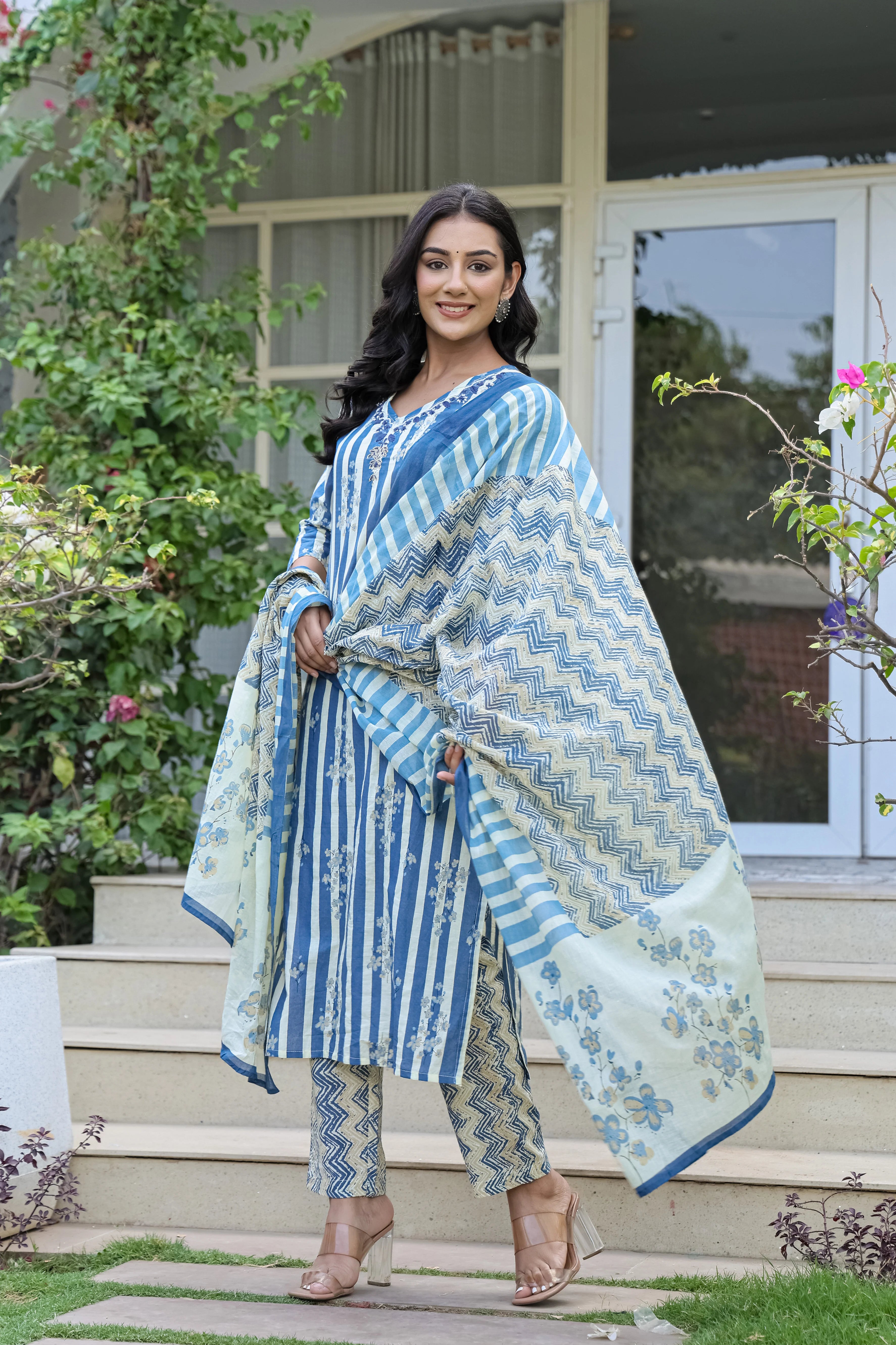 Blue Strip Printed Cotton 3-Piece Set