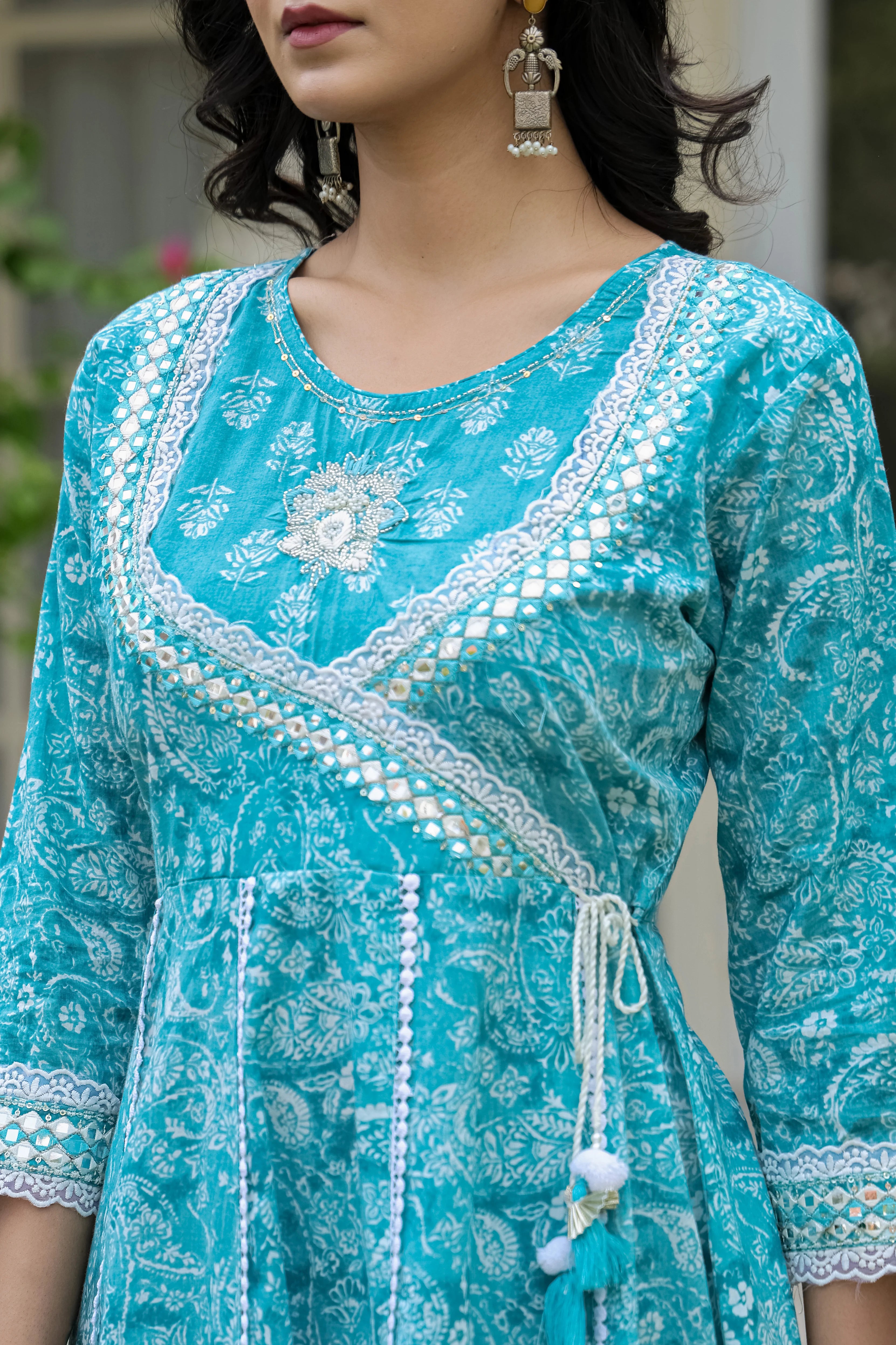 Teal Blue Heavy Embroidery Cotton Anarkali Suit Set