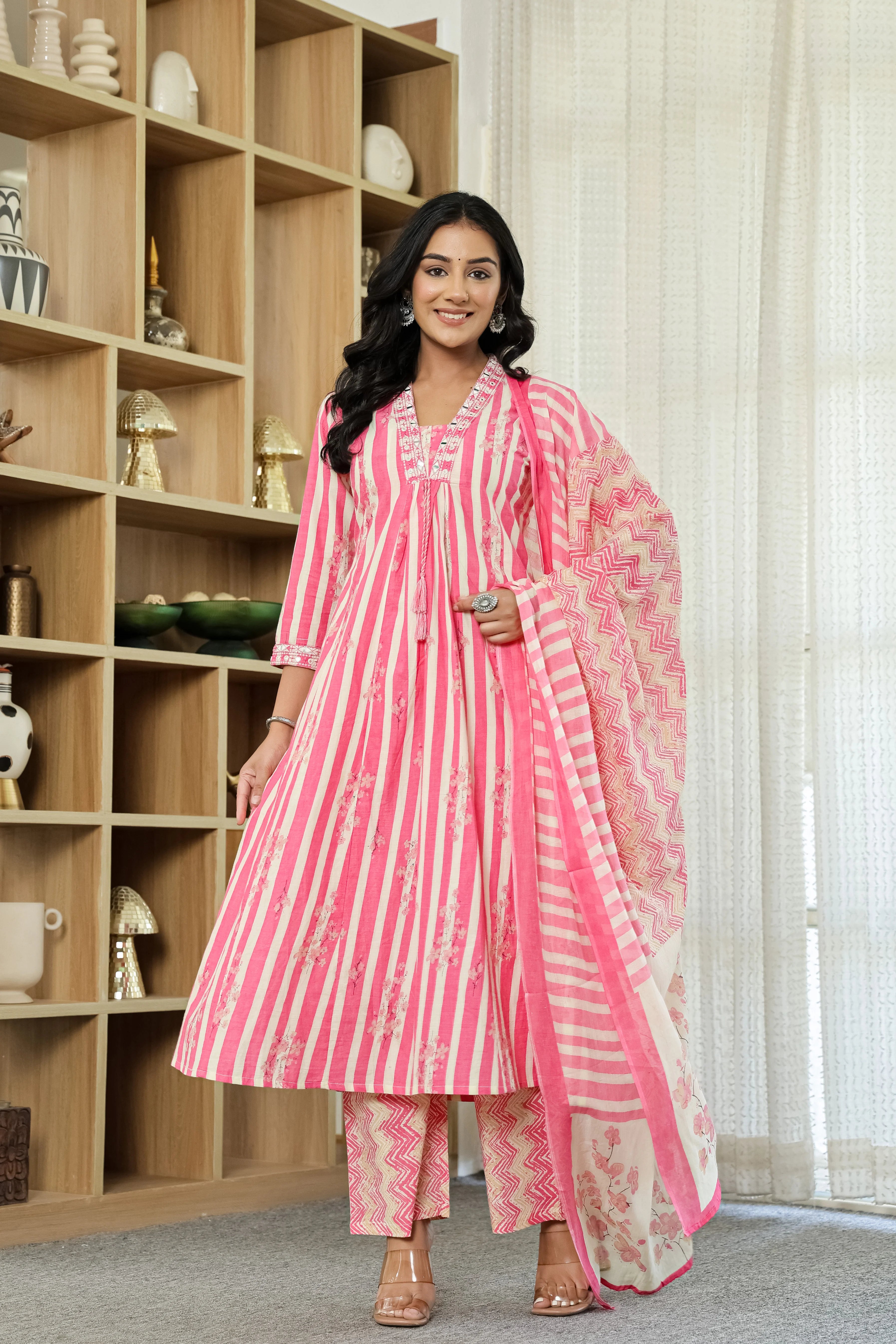 Pink Straight Cotton Kurta Pant Dupatta Set