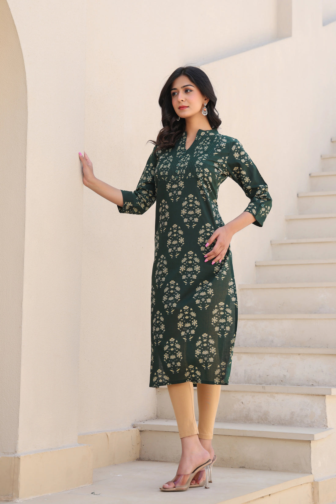 Green Printed Straight Kurti With Printex Work