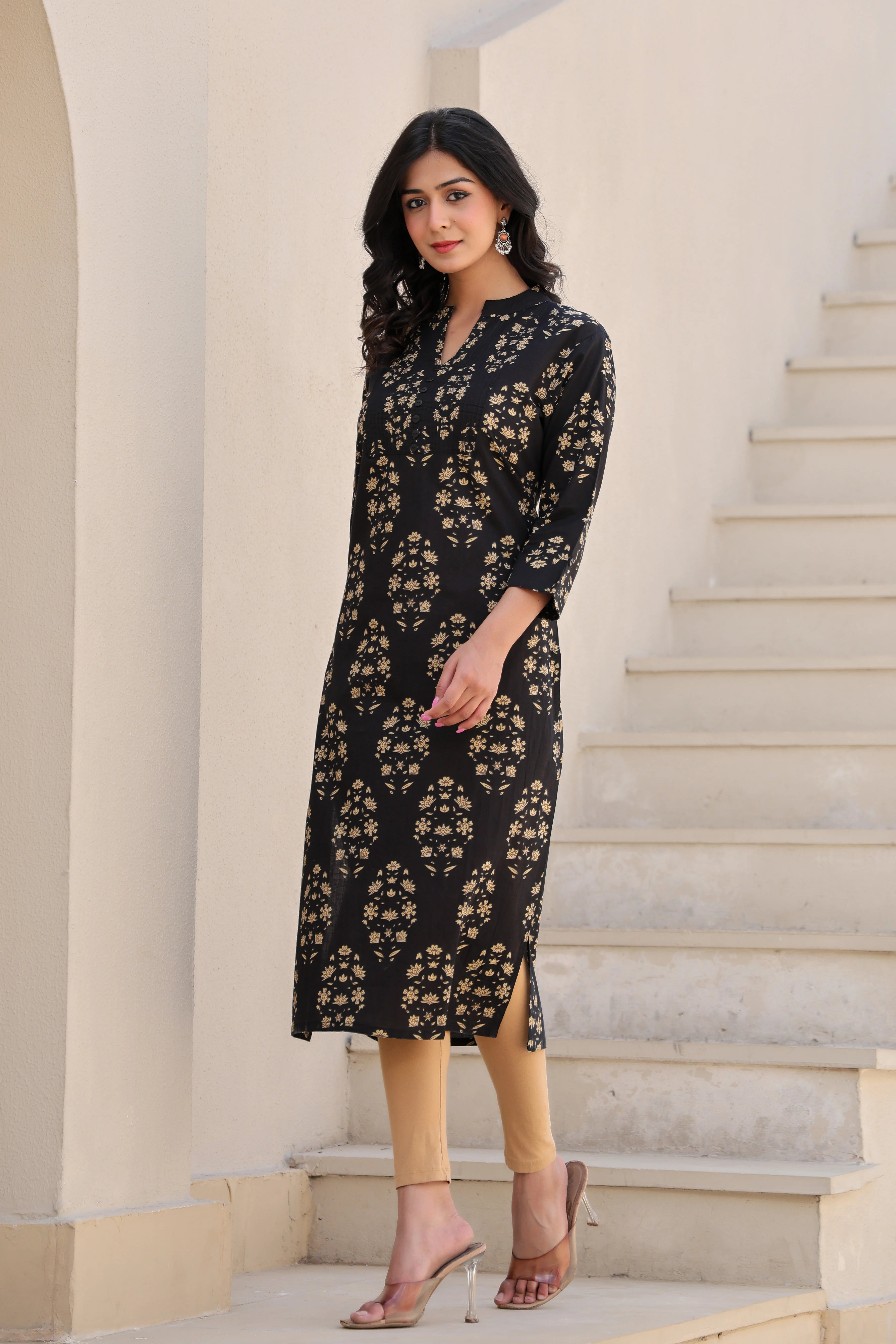 Black Printed Straight Kurti With Printex Work