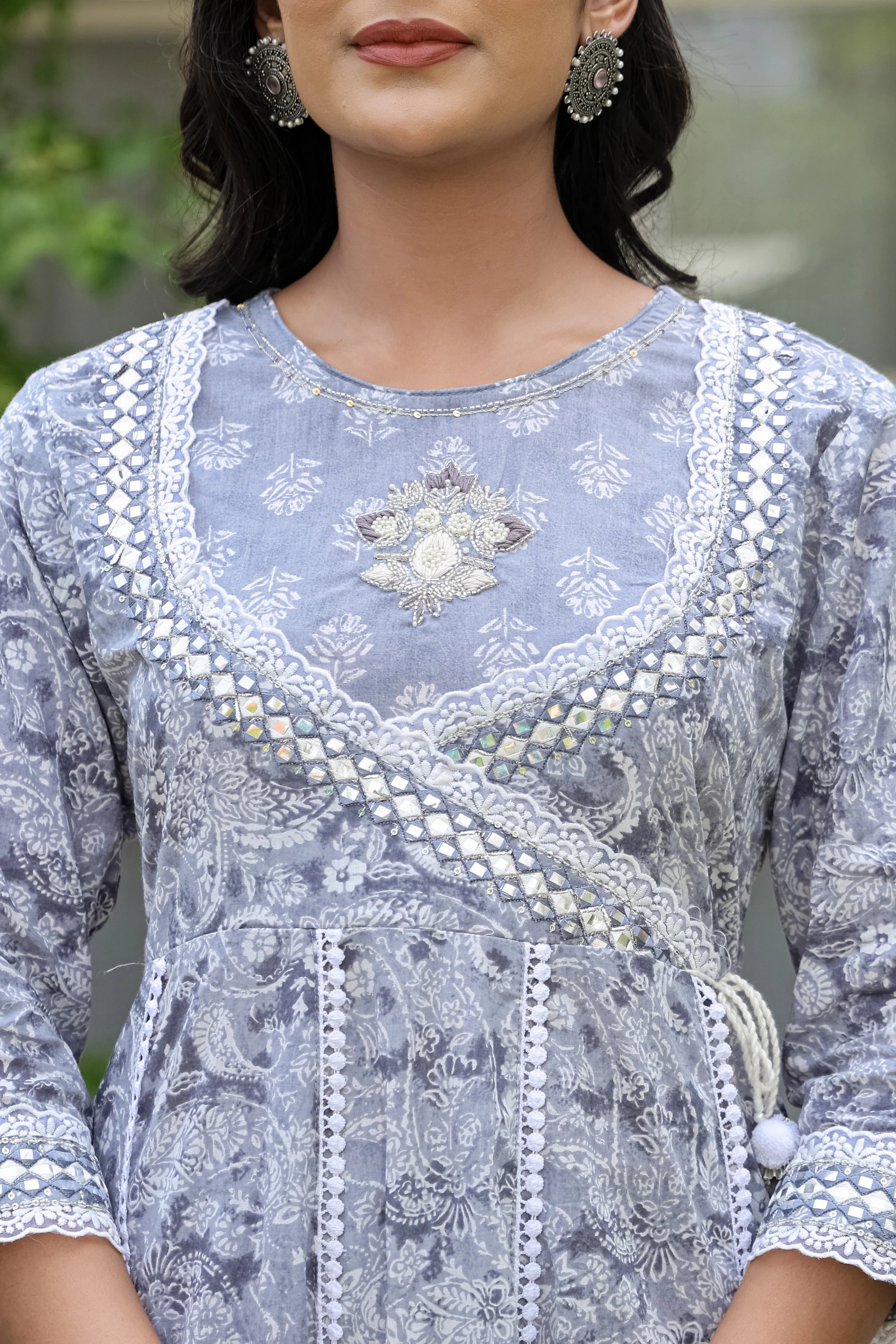 Beautiful Grey Heavy Embroidery Cotton Anarkali Suit Set