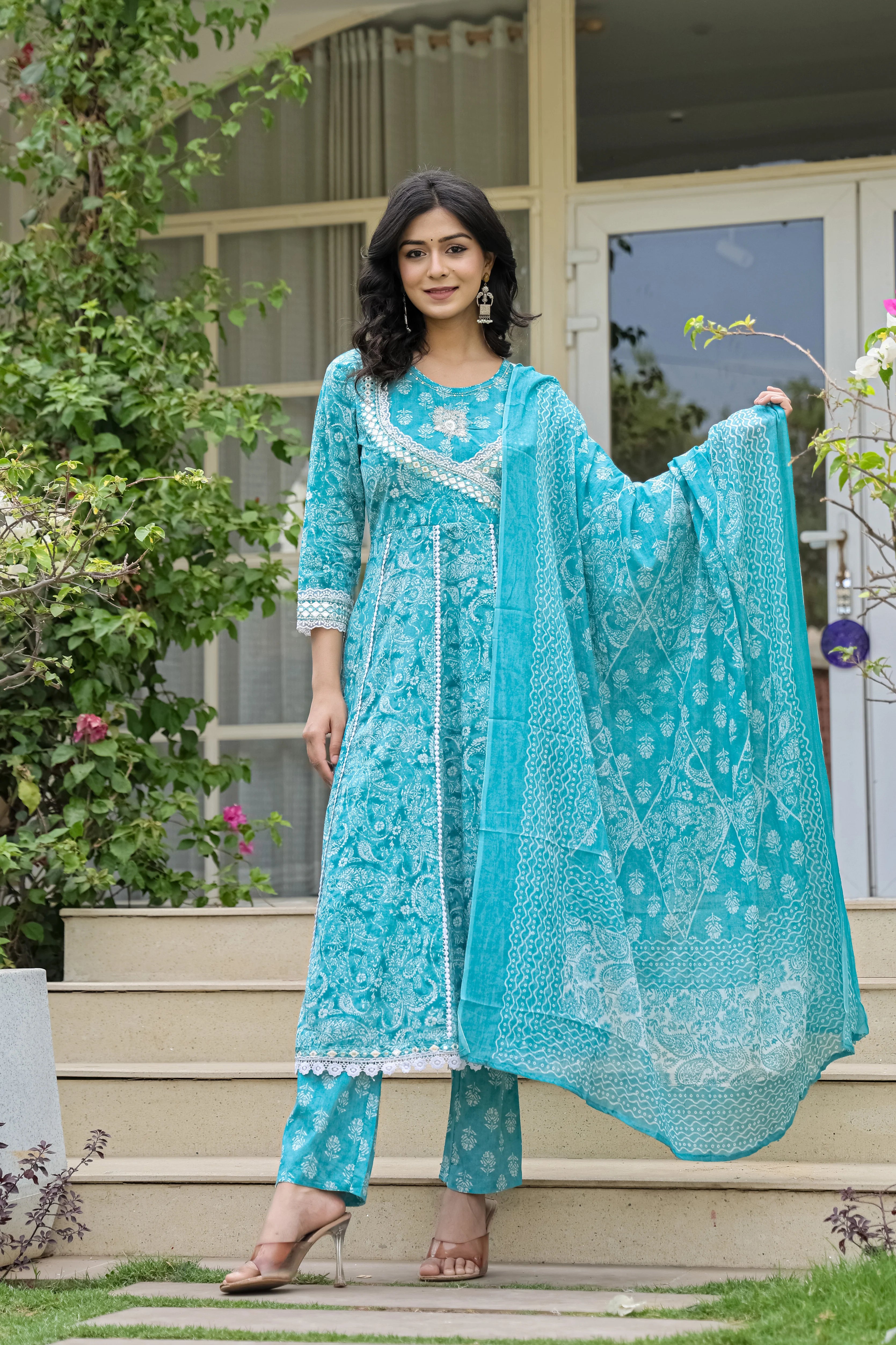 Teal Blue Heavy Embroidery Cotton Anarkali Suit Set