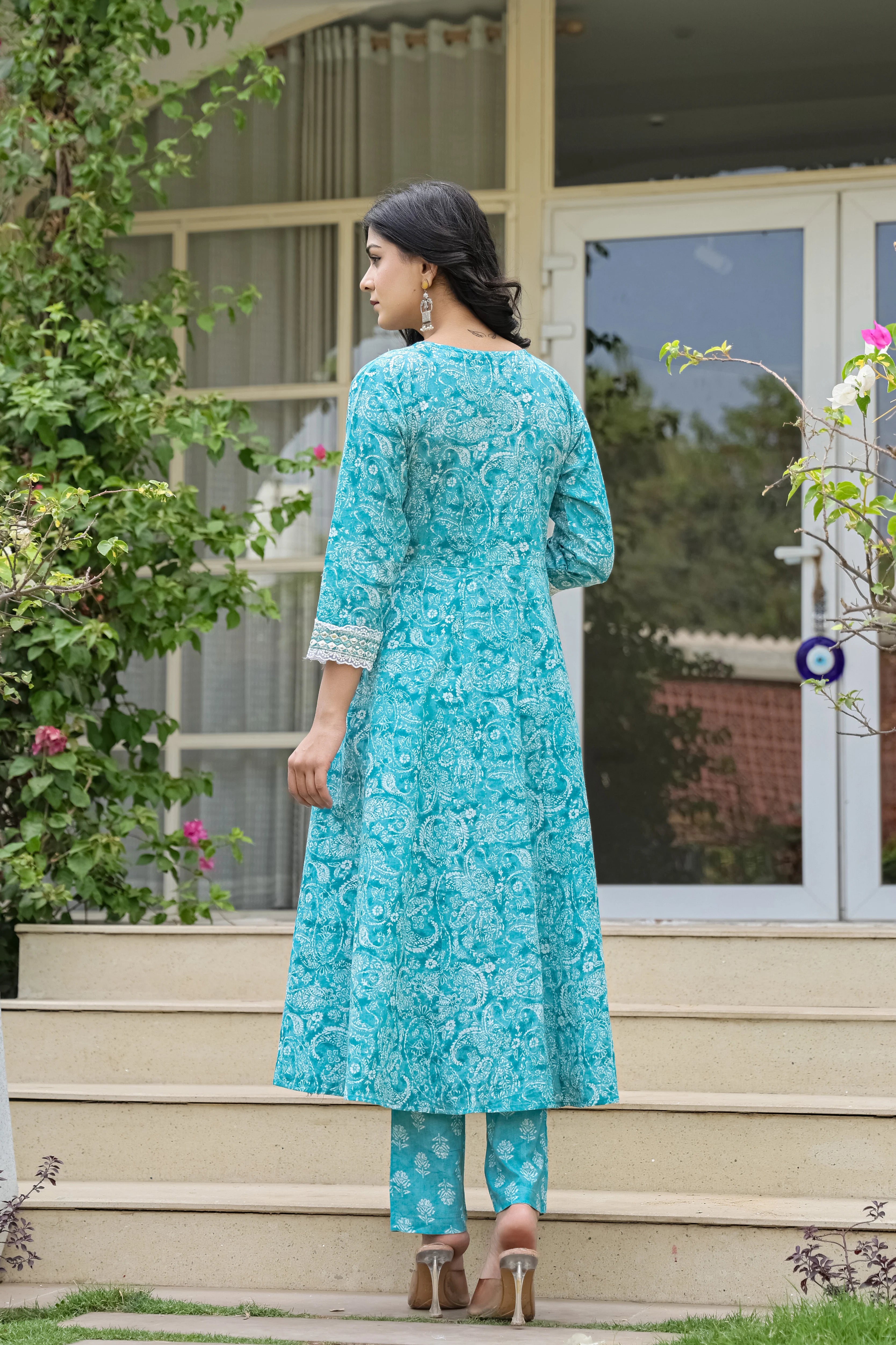 Teal Blue Heavy Embroidery Cotton Anarkali Suit Set