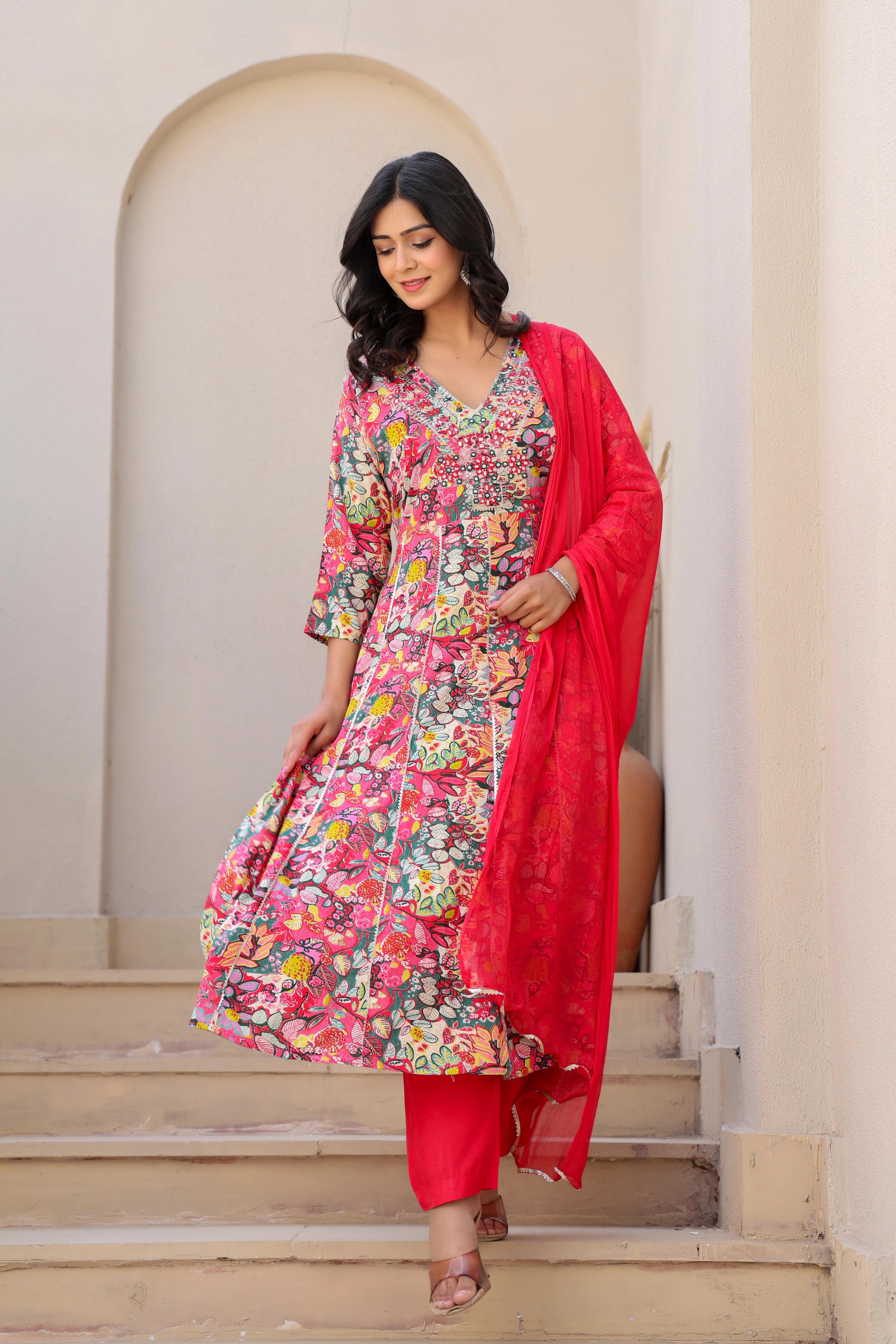 Multicolour Heavy Embroided Kurta Set with Dupatta