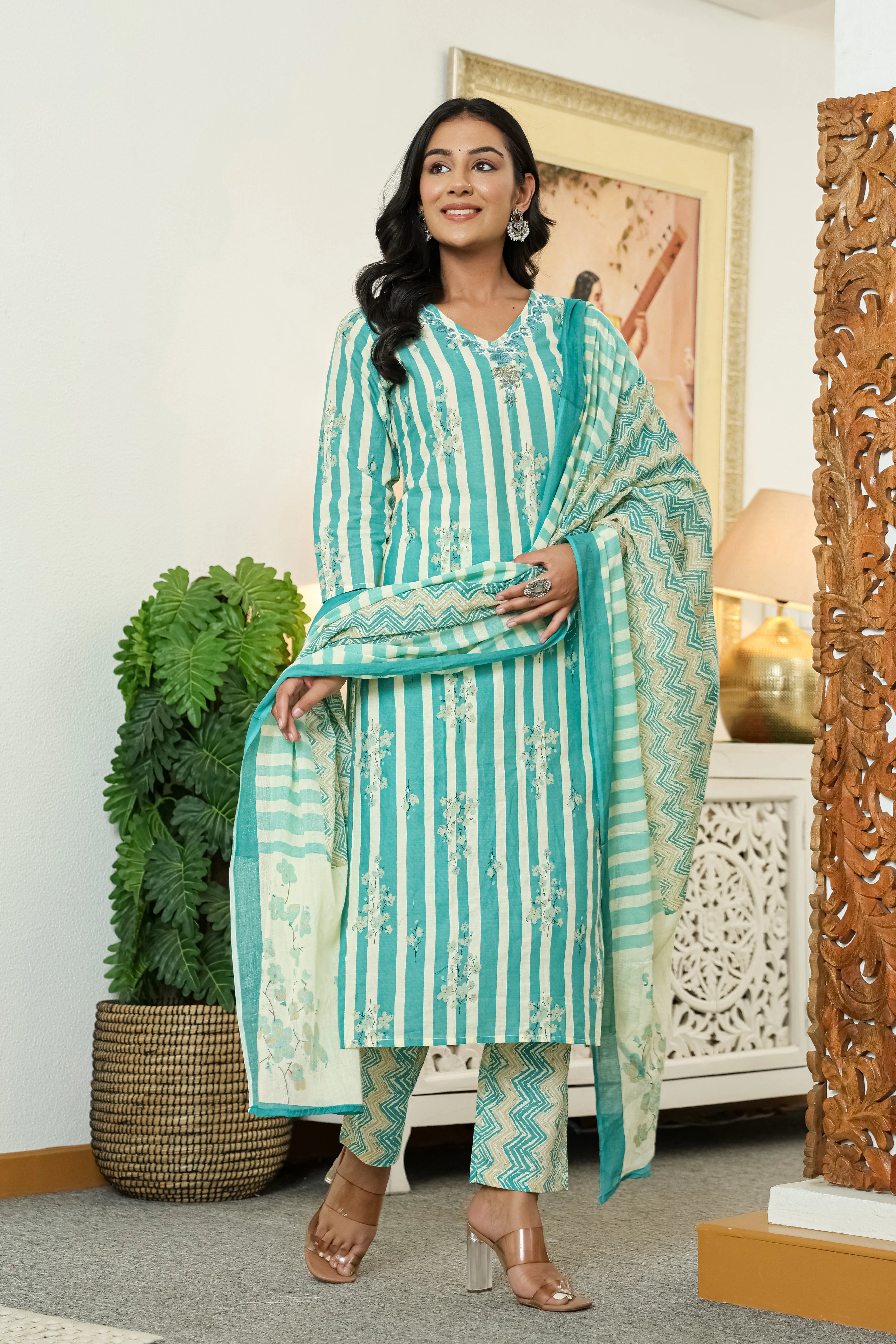 Turquoise Straight Cotton Kurta Pant Dupatta Set