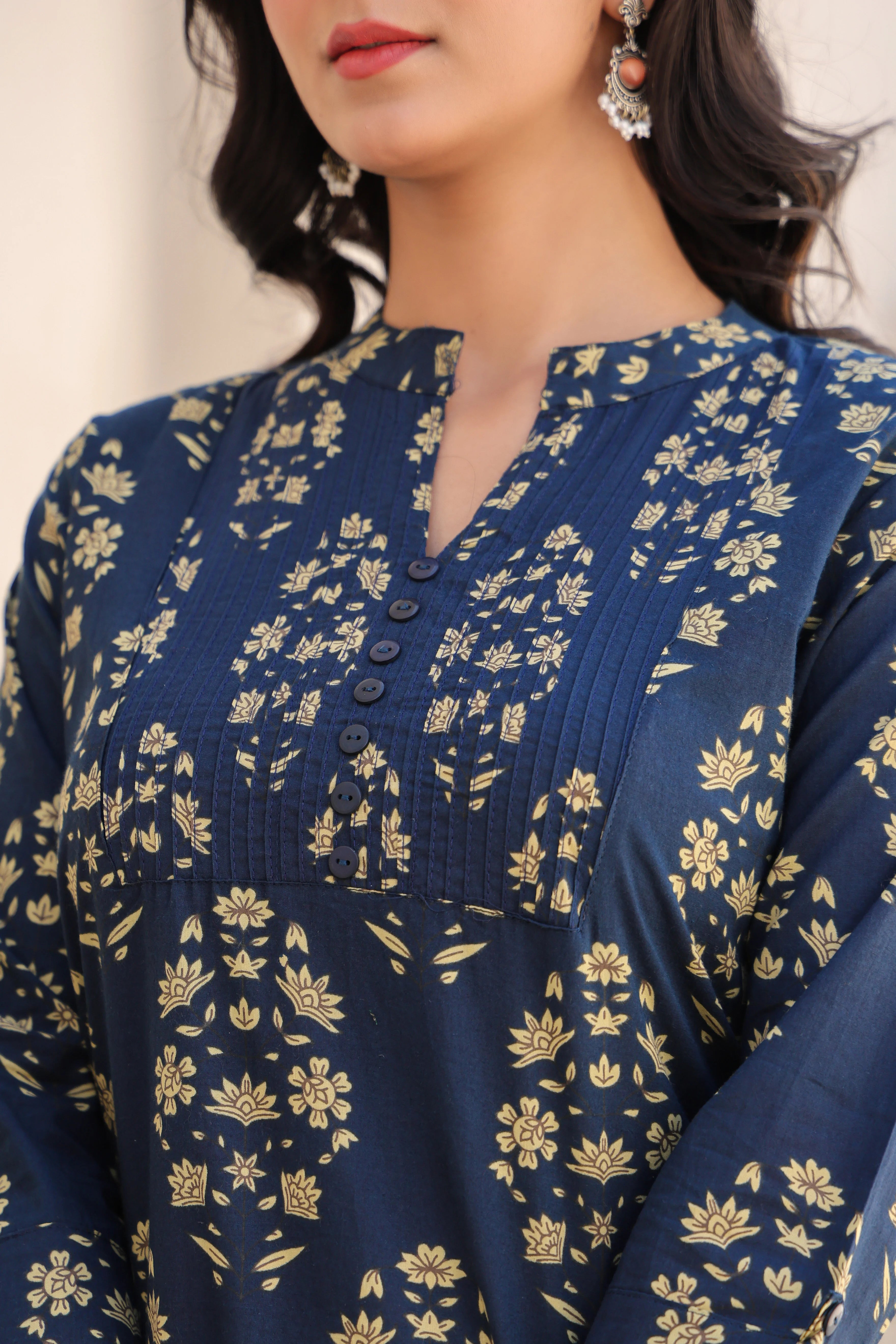 Blue Printed Straight Kurti With Printex Work