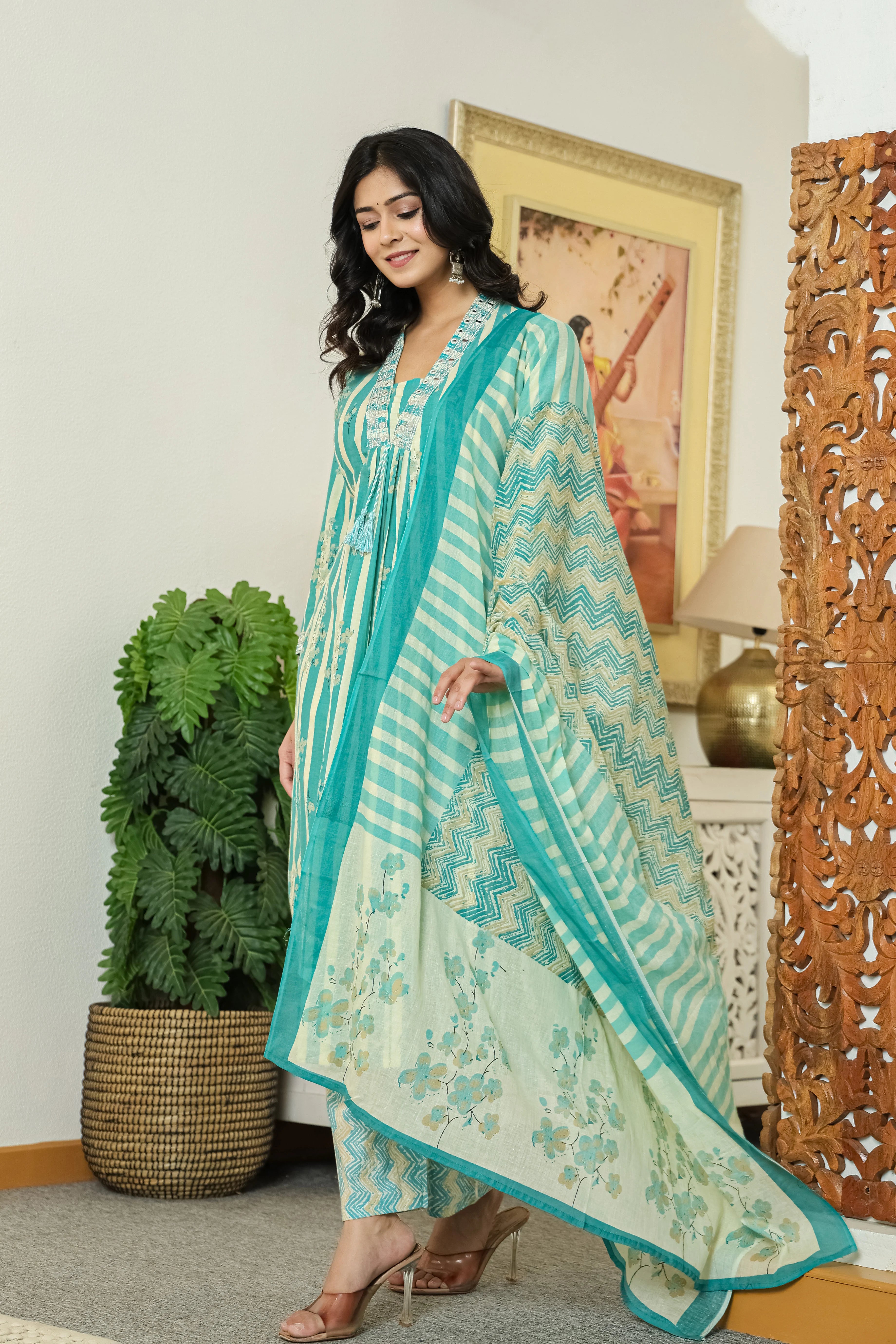 Sea Green Printed Cotton A-Line Kurta Pant Dupatta Set