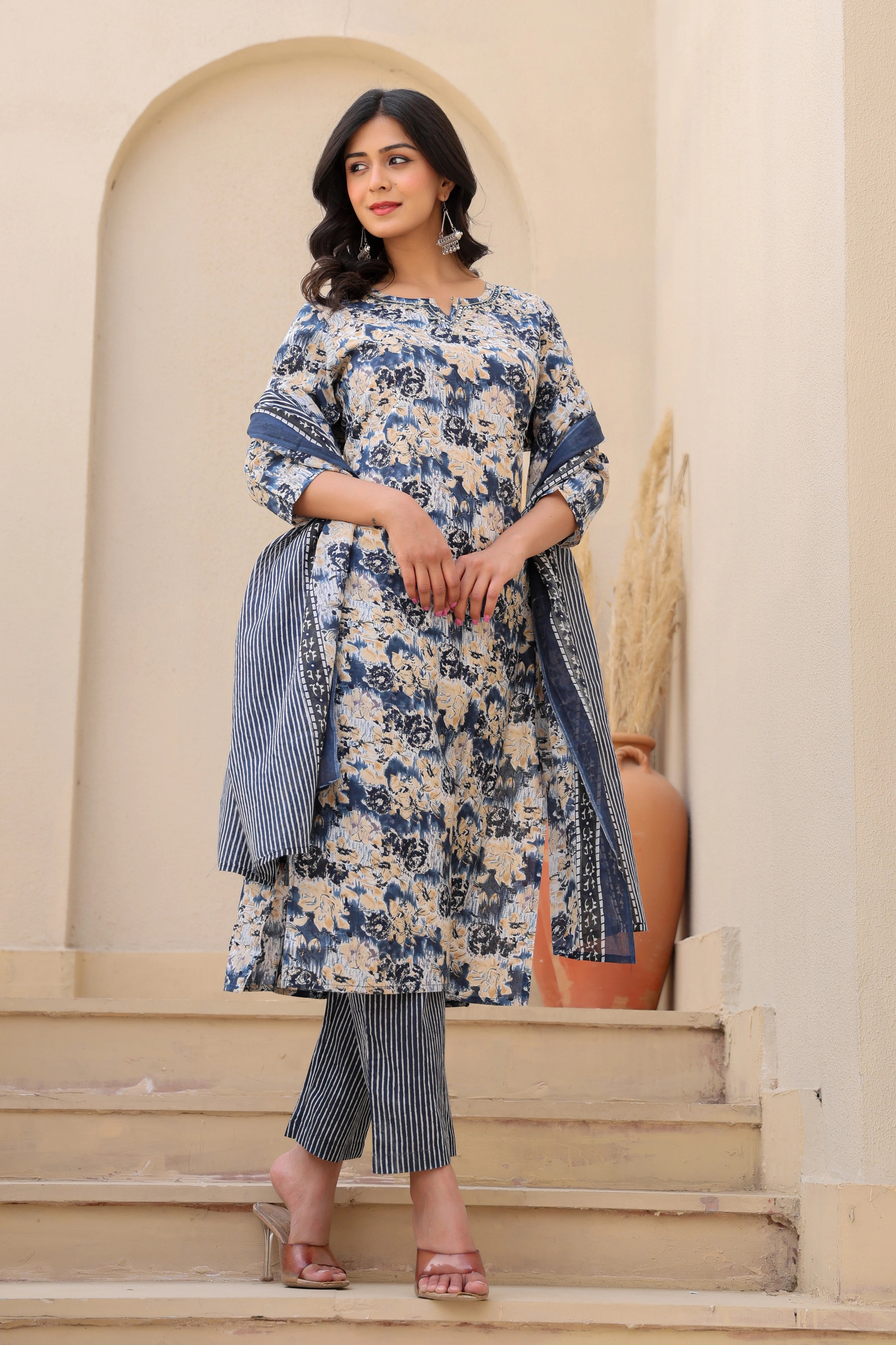 Blue Blossom Serenity– Floral Cotton Suit Set
