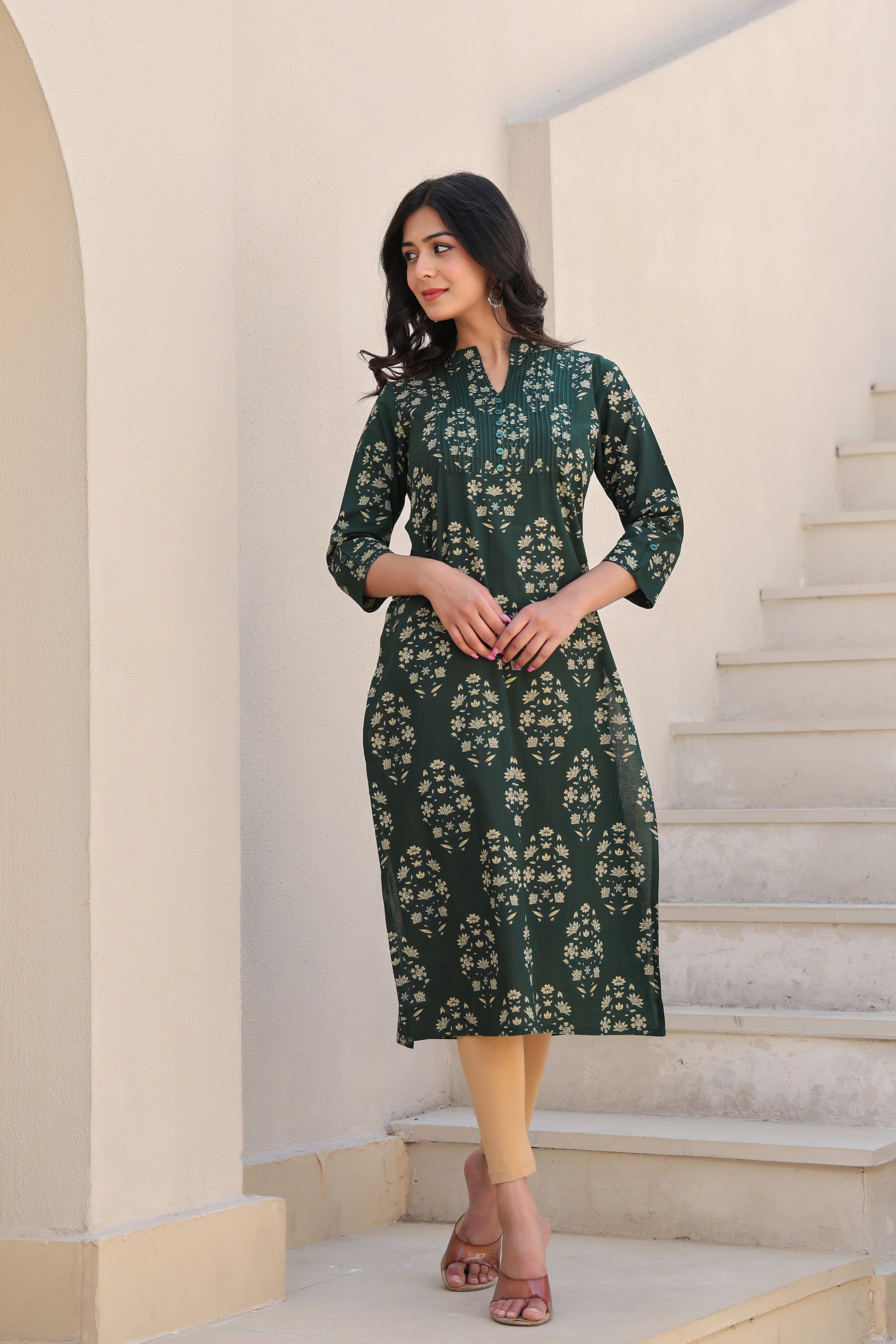 Green Printed Straight Kurti With Printex Work
