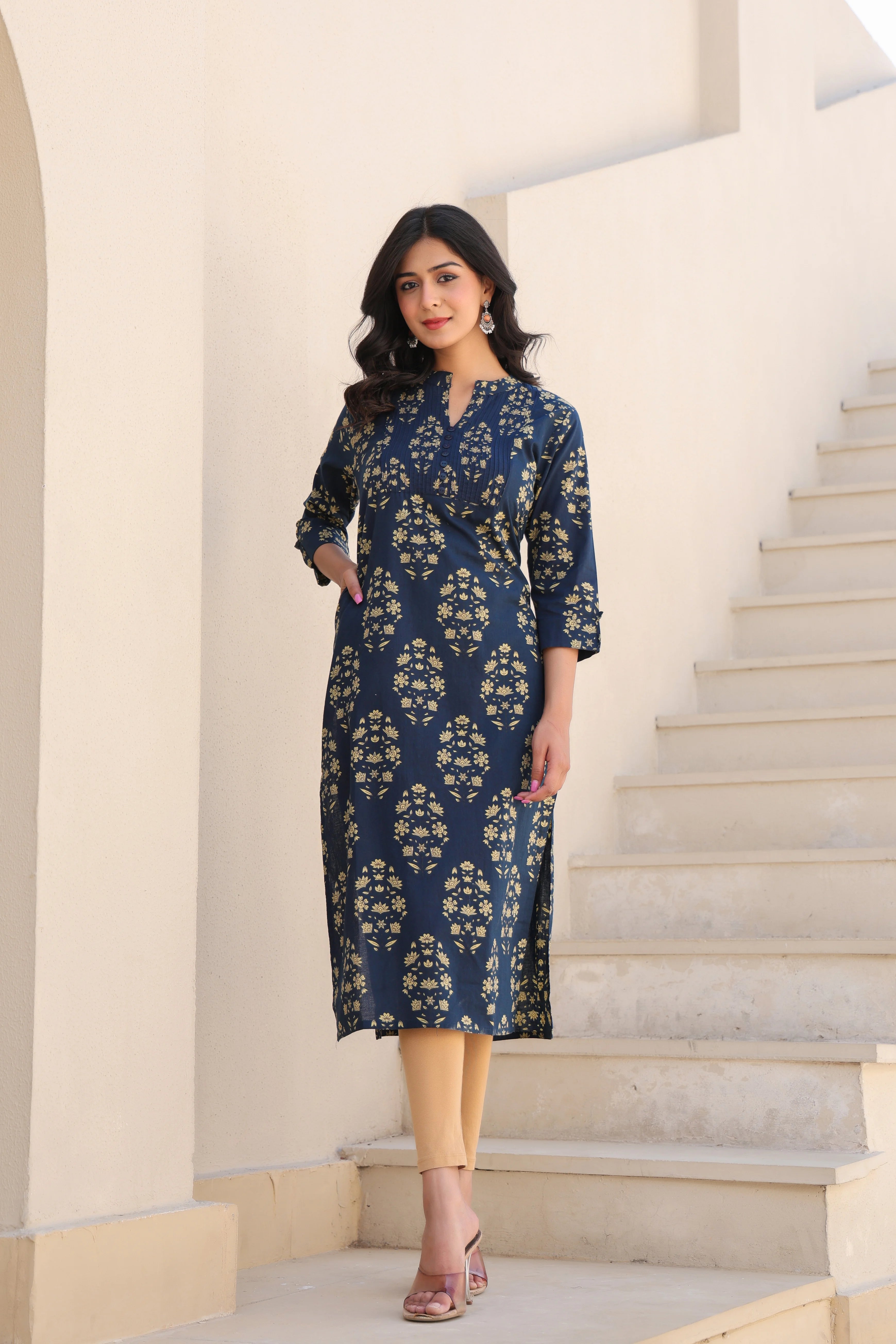 Blue Printed Straight Kurti With Printex Work