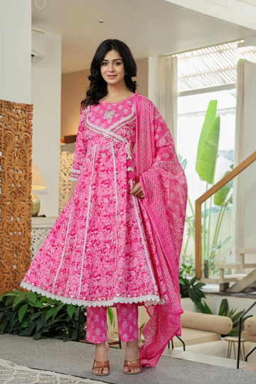 Pink Printed Kurta Set with Dupatta