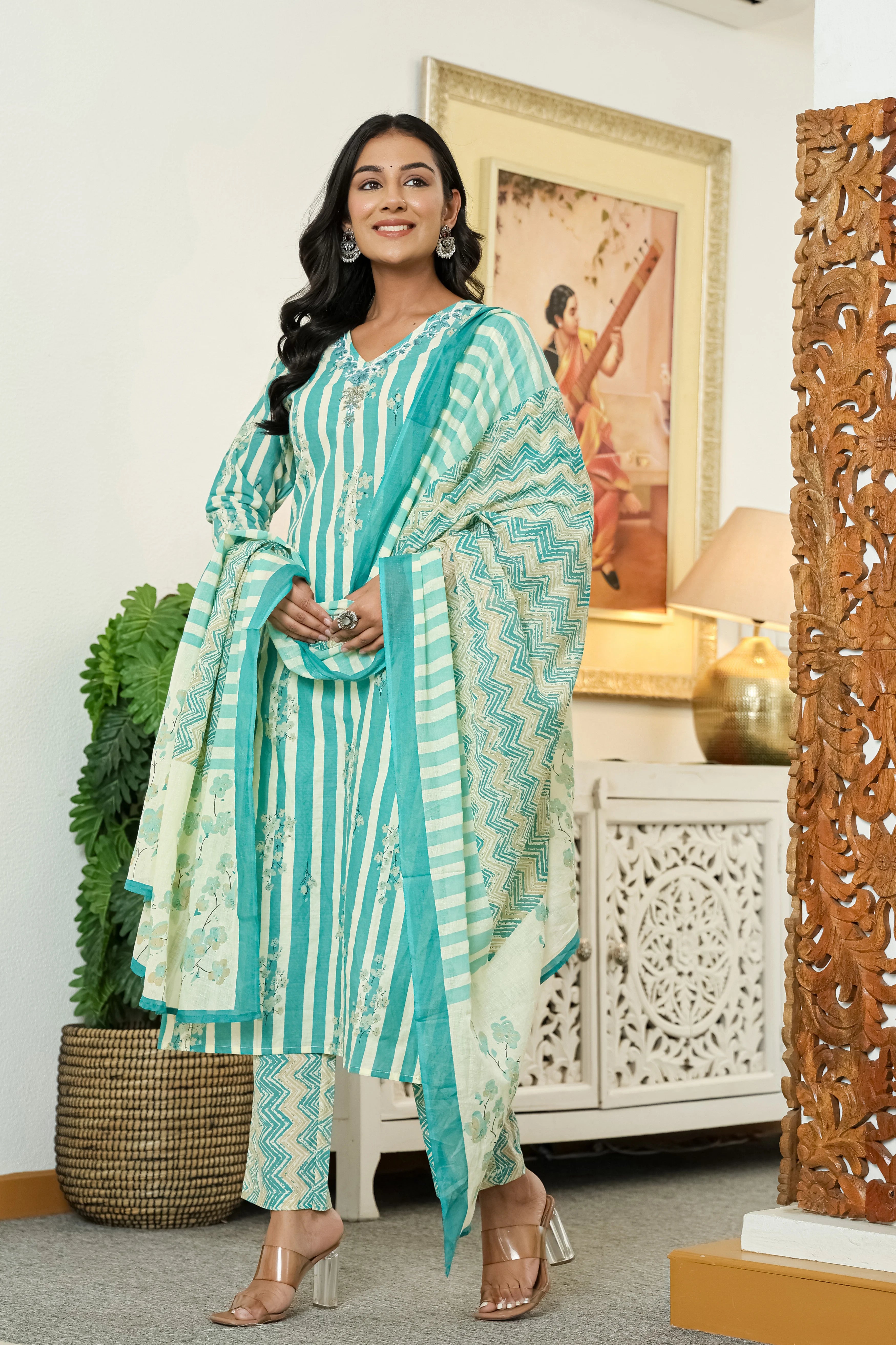 Turquoise Straight Cotton Kurta Pant Dupatta Set