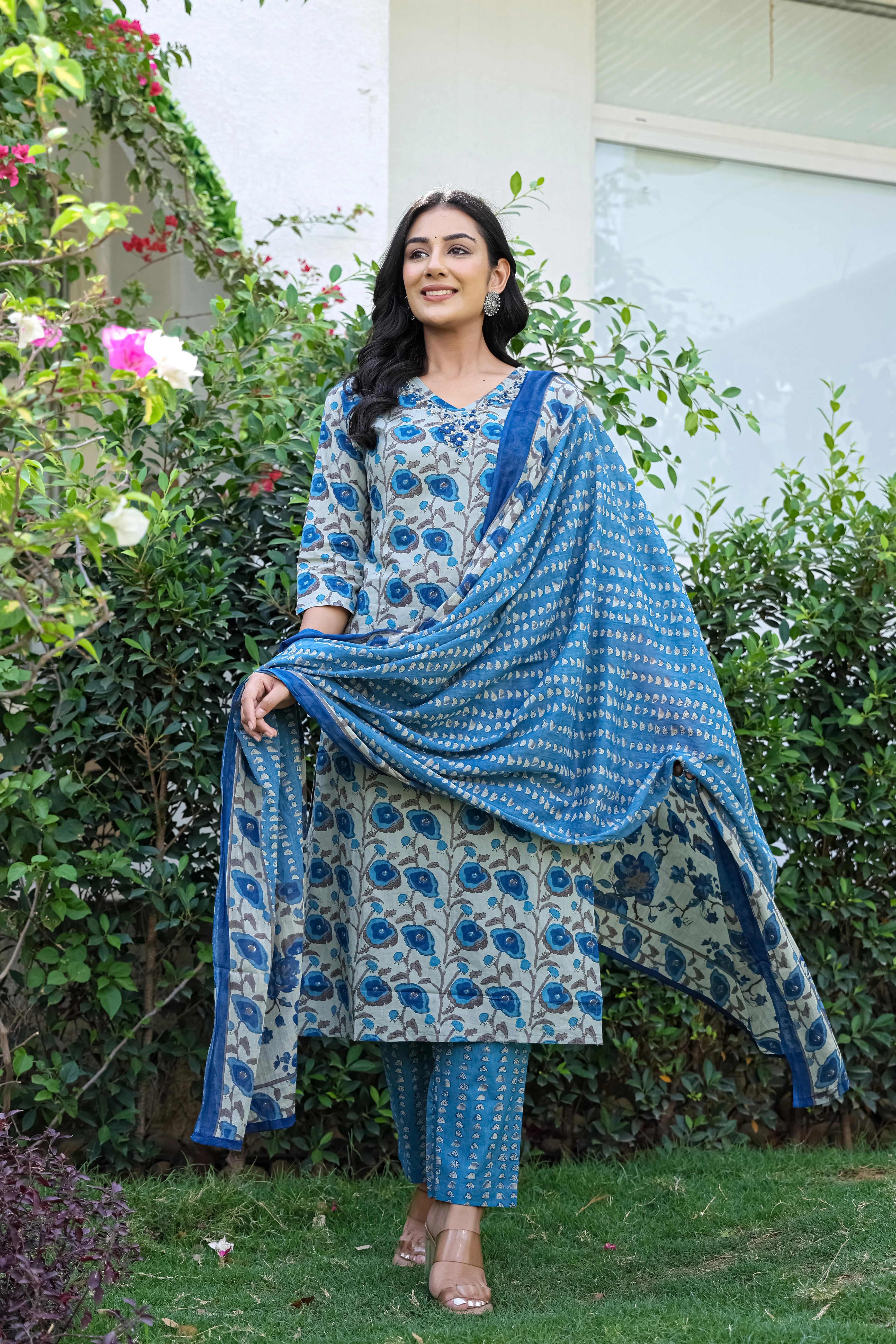 Blue Cotton 3-Piece Set with Hand Work