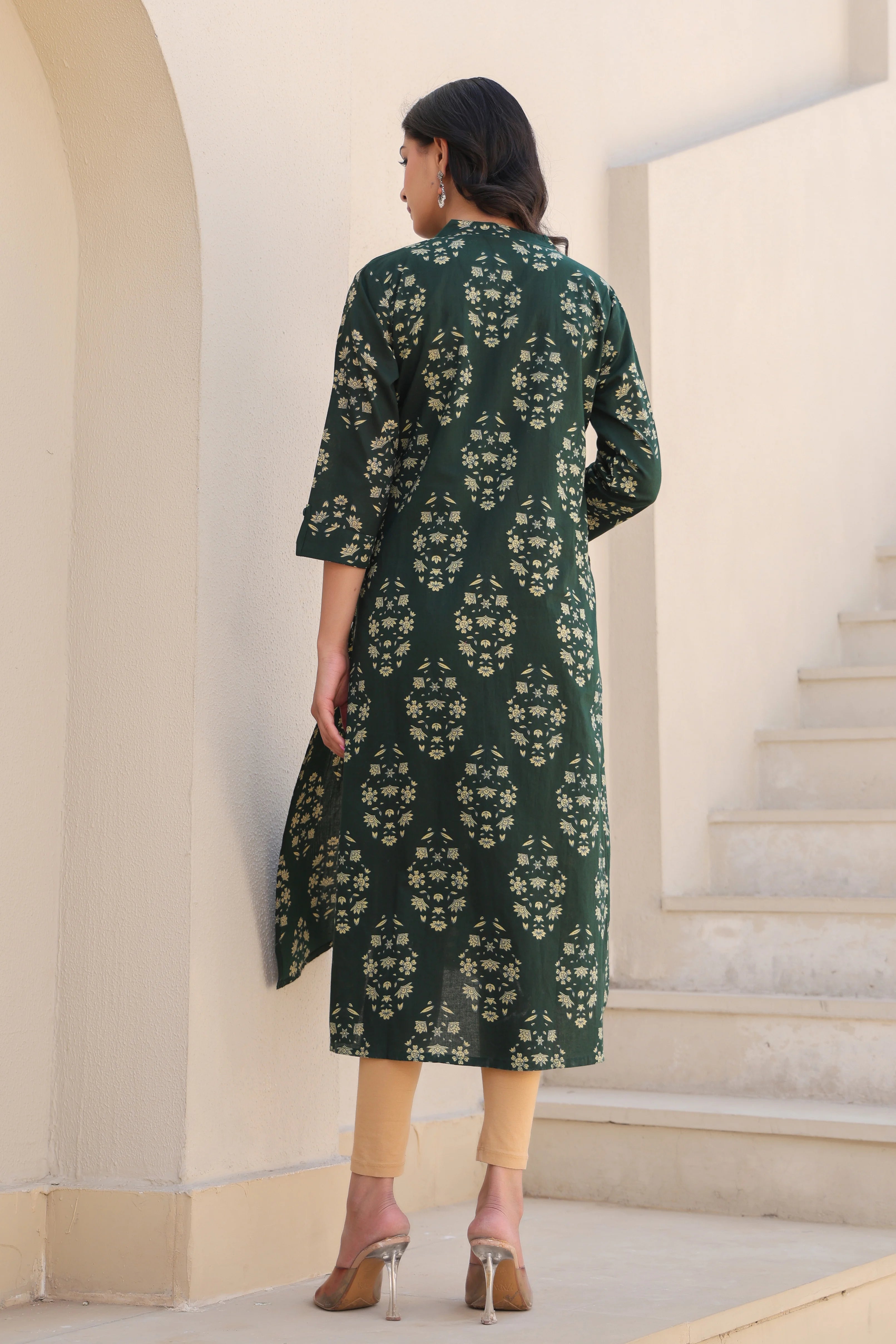 Green Printed Straight Kurti With Printex Work