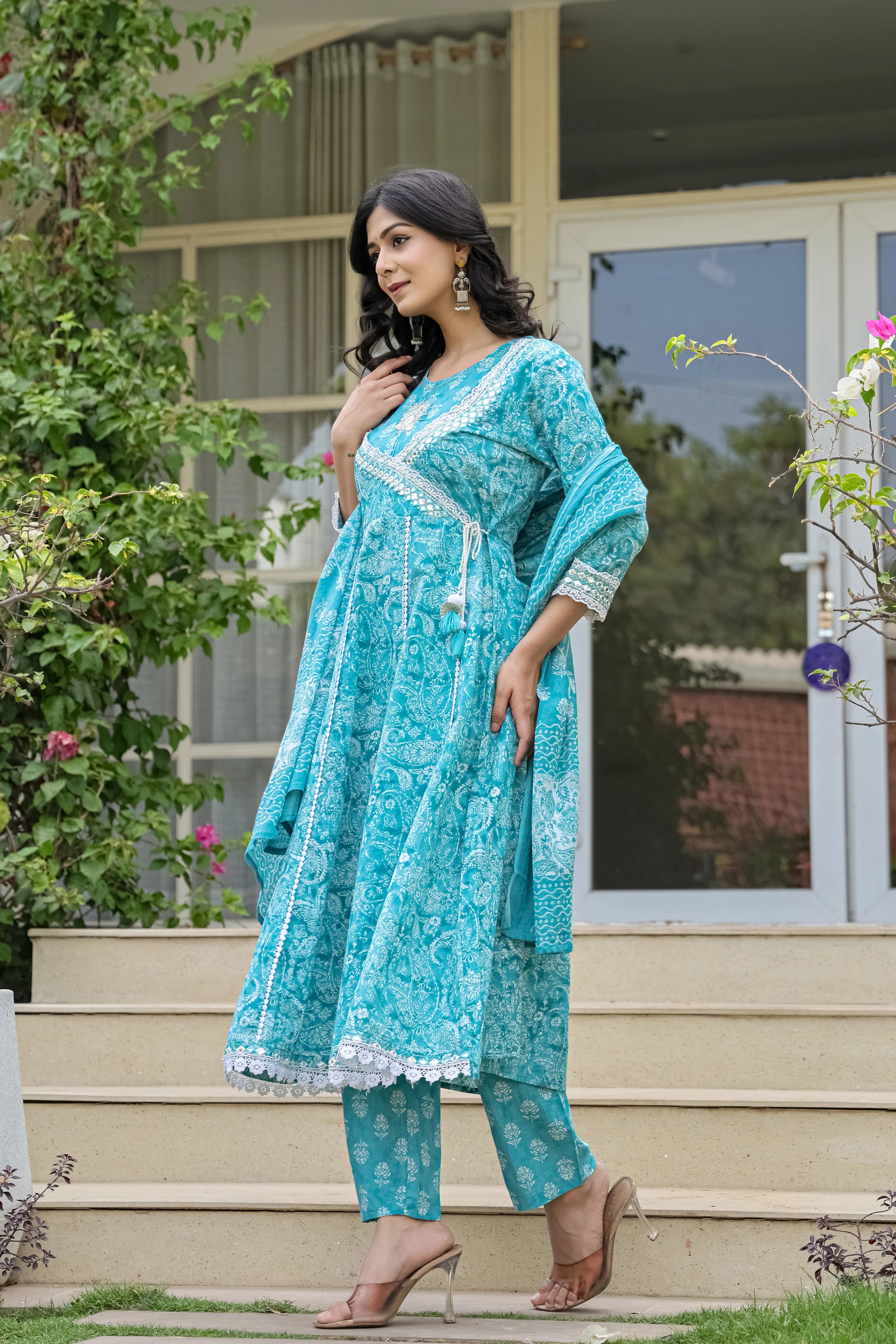 Teal Blue Heavy Embroidery Cotton Anarkali Suit Set