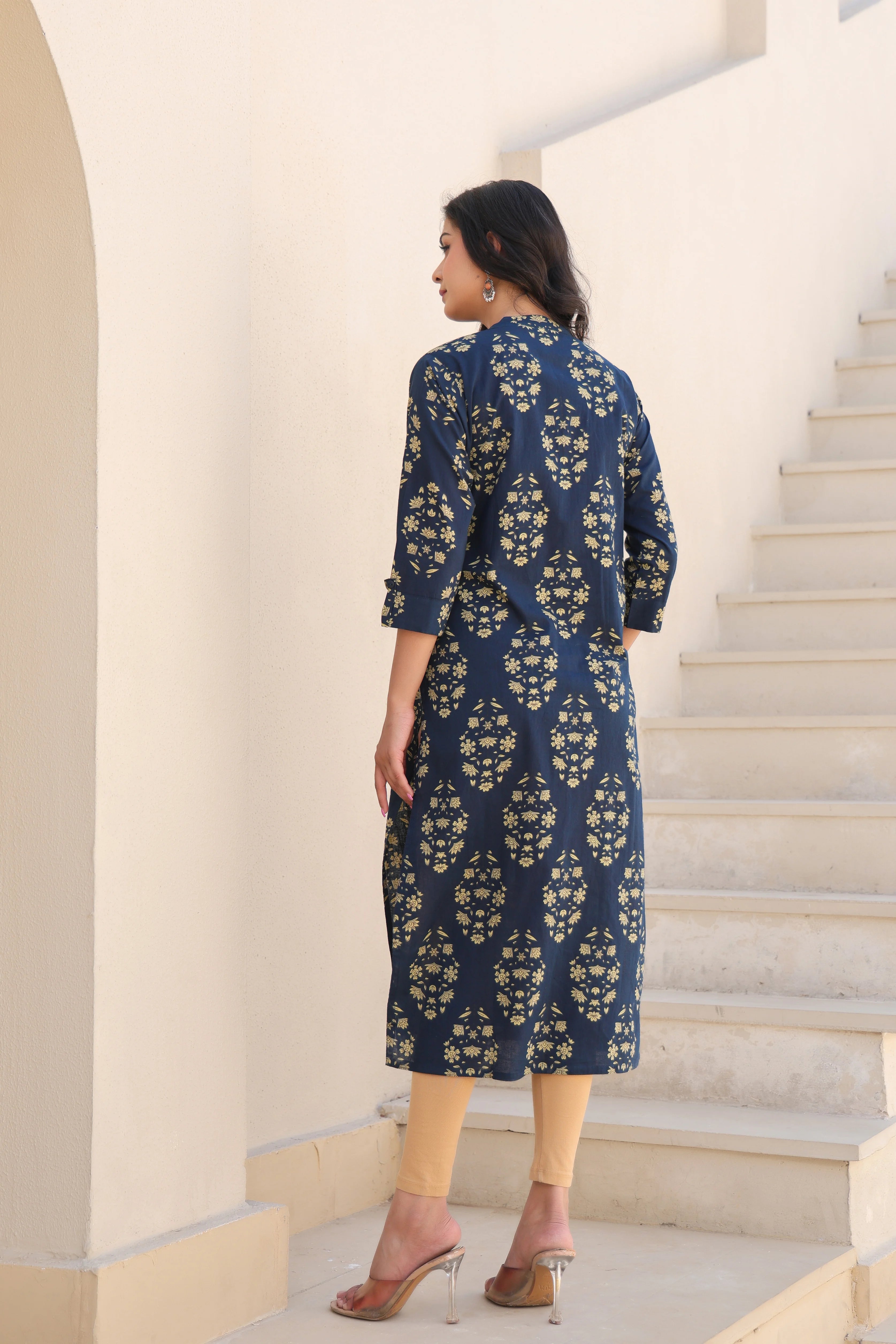 Blue Printed Straight Kurti With Printex Work