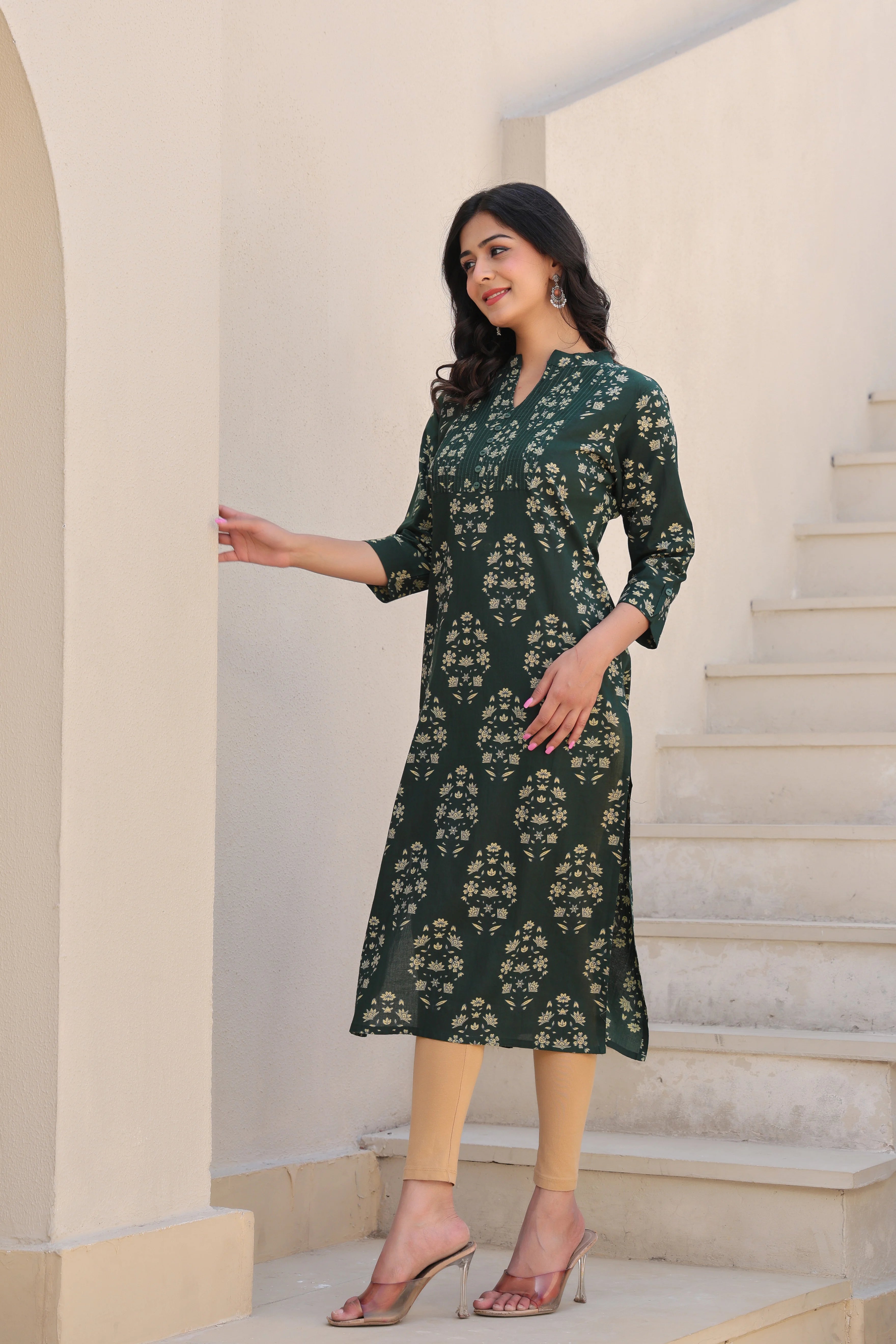 Green Printed Straight Kurti With Printex Work