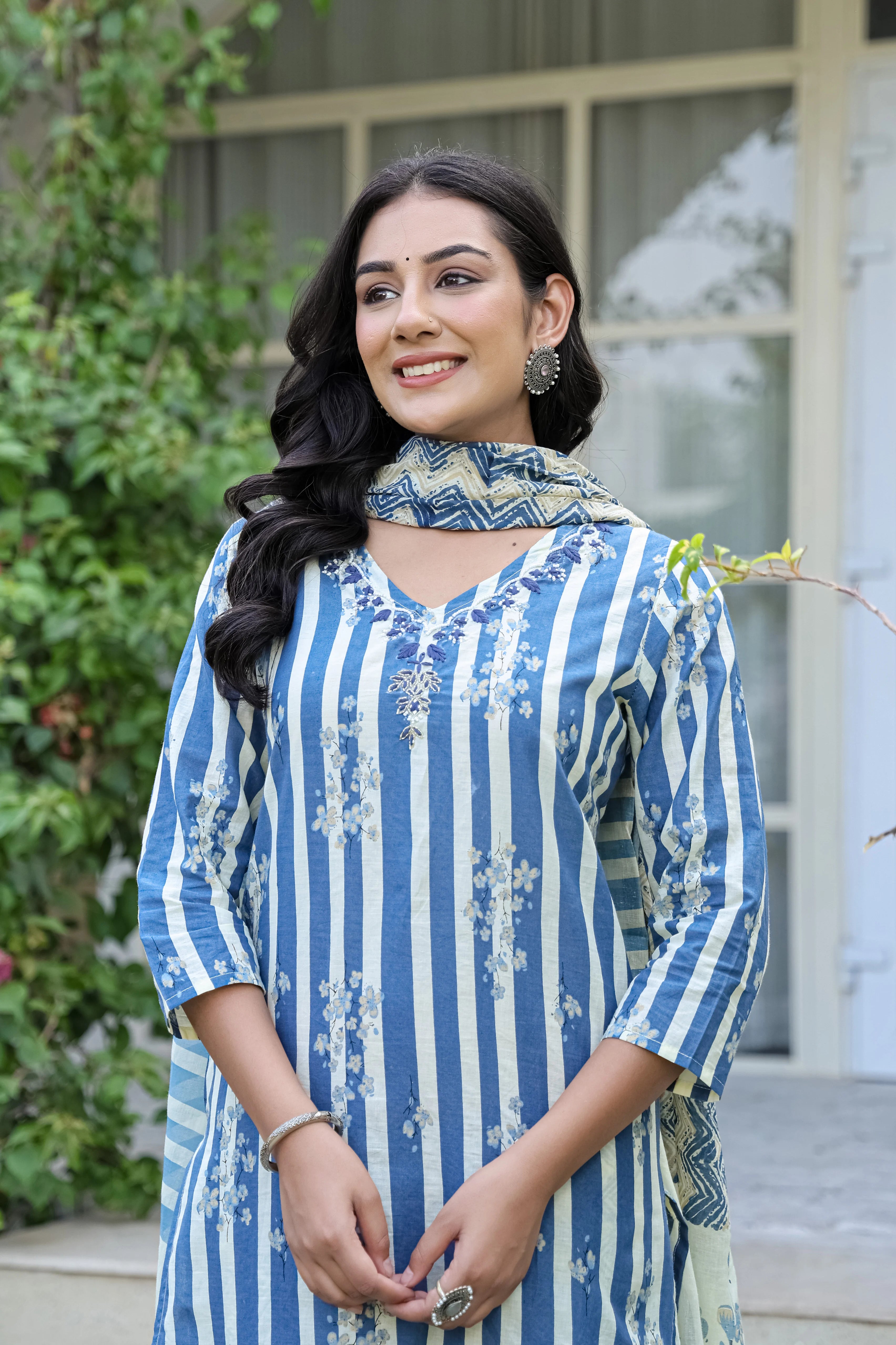 Blue Strip Printed Cotton 3-Piece Set