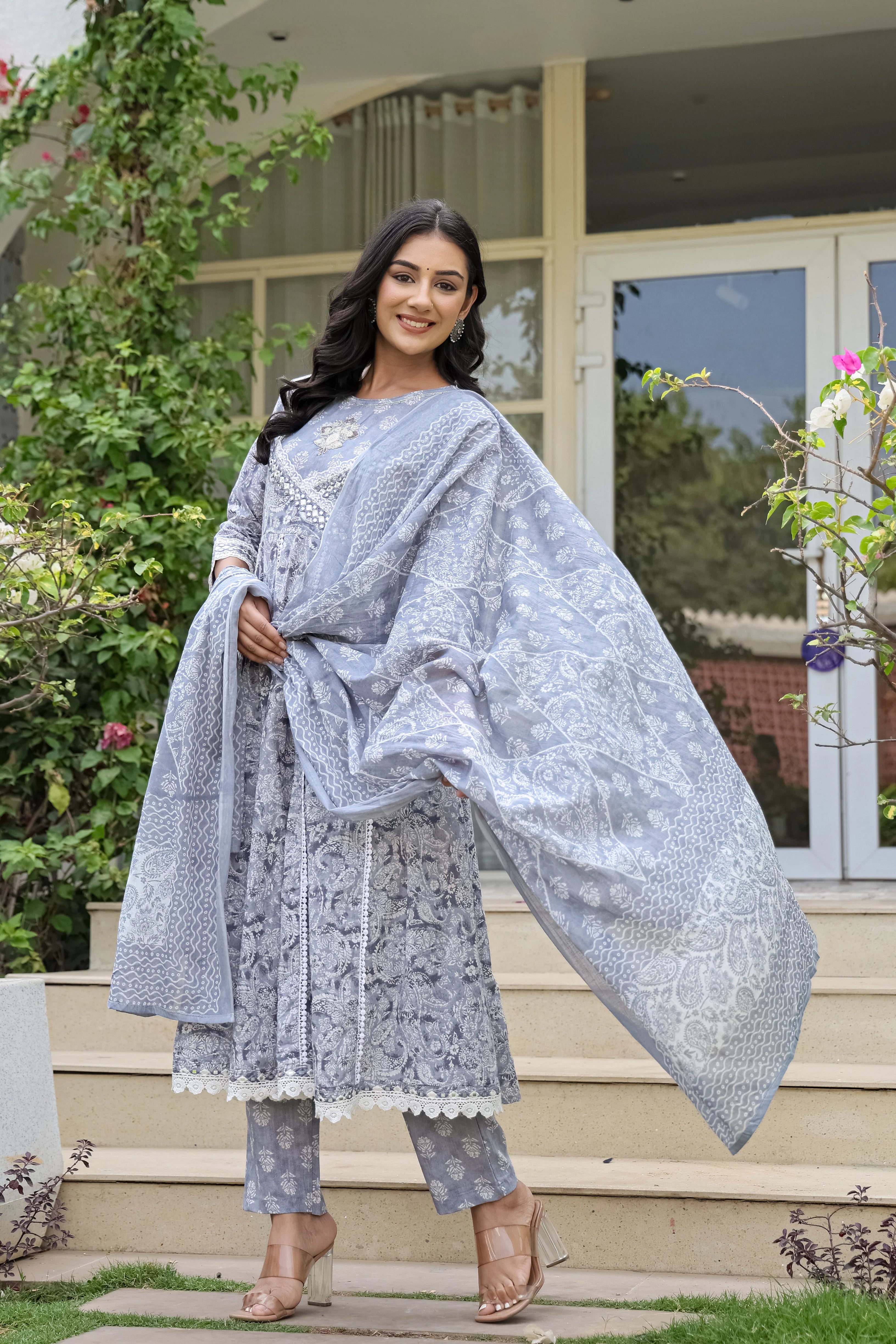 Beautiful Grey Heavy Embroidery Cotton Anarkali Suit Set