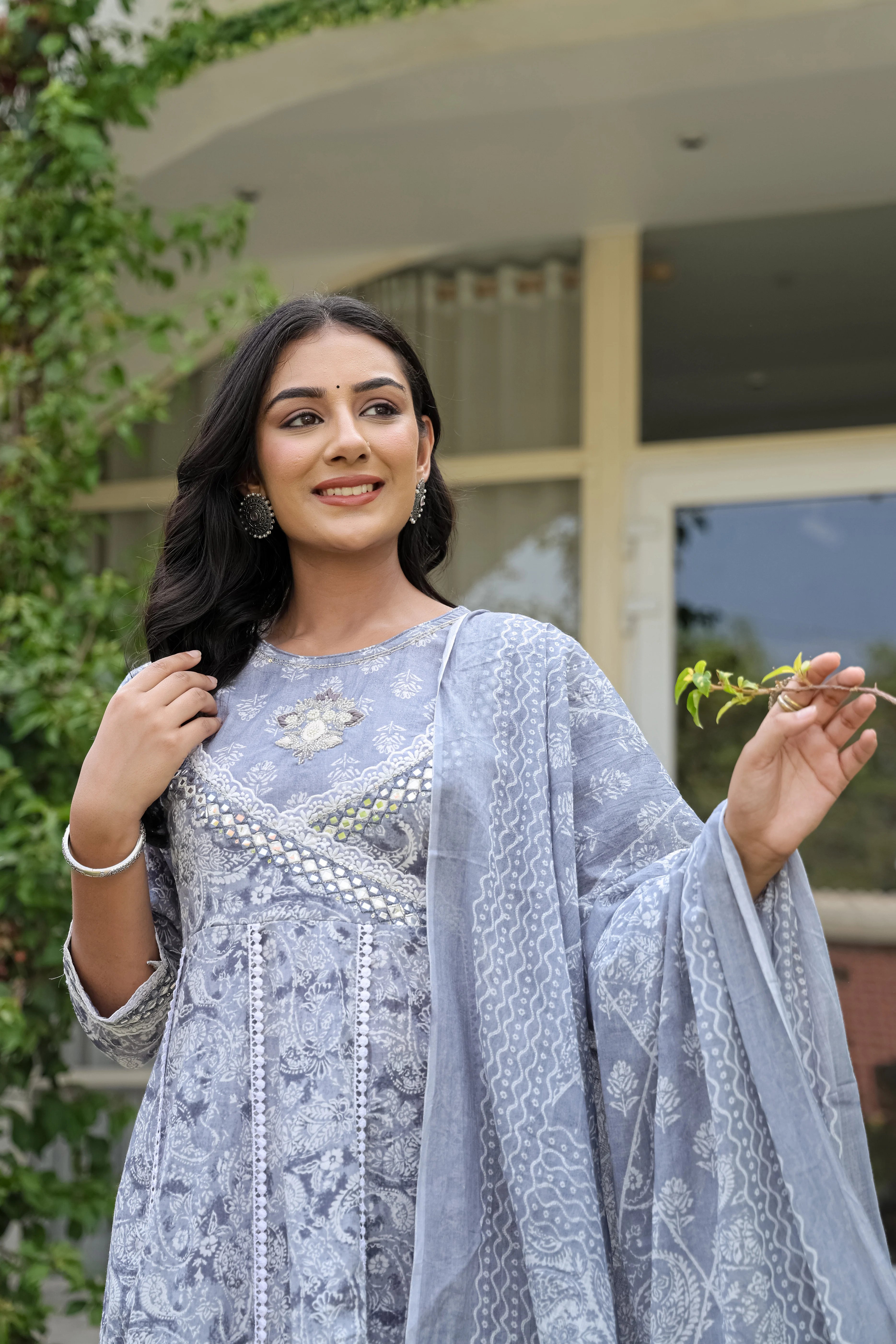 Beautiful Grey Heavy Embroidery Cotton Anarkali Suit Set