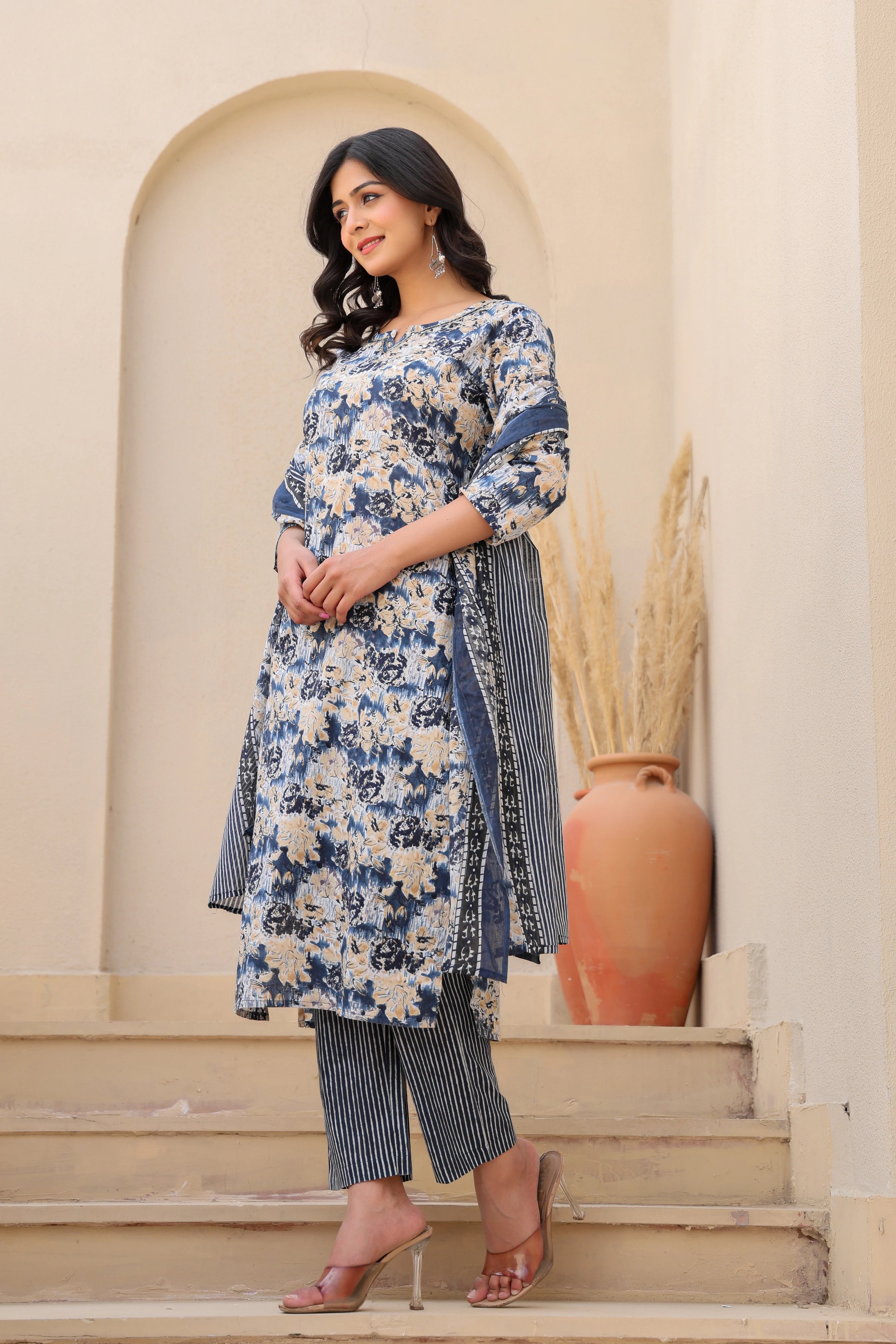 Blue Blossom Serenity– Floral Cotton Suit Set